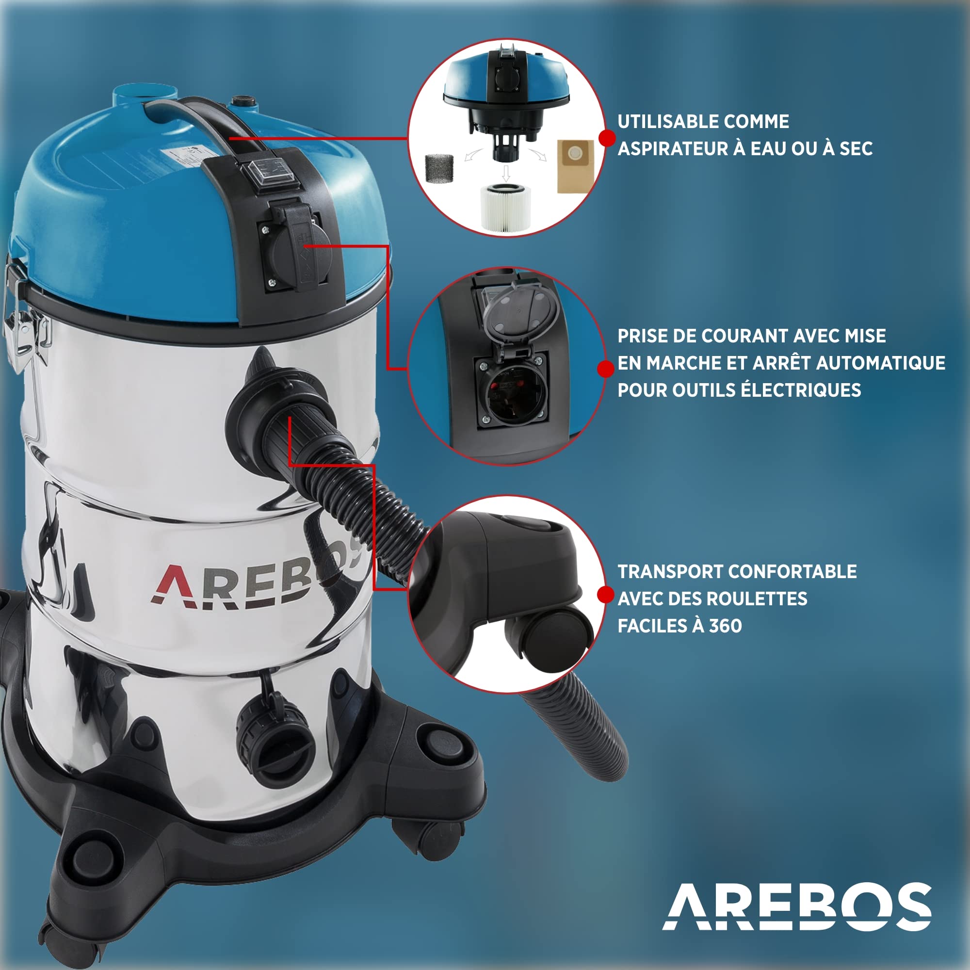 AREBOS Aspirateur Industriel | Aspirateur Eau et Poussière | Aspirateur Sec et Humide | 5en1 | 1300W | 30L | Acier Inoxydable | Fonction de soufflage | Bleu