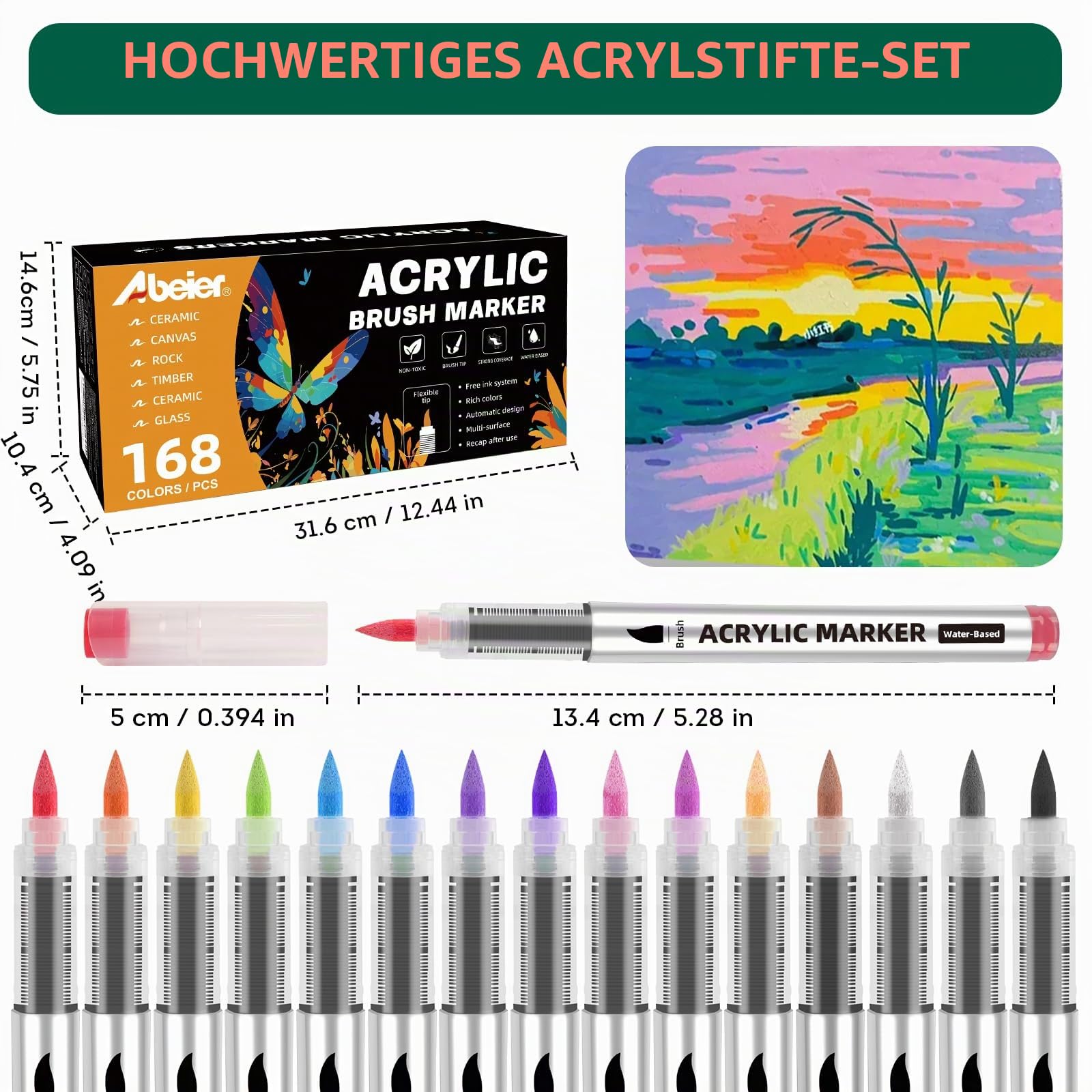ABEIER 168 Farben Acrylstifte Set für Steine Wasserfest Brush Tip Acrylic Pens Set, Acrylmarker Schnelltrocknend und Ungiftig, Acrylstifte zum Bemalen für Stoff, Leinwand, Glas, Holz und Papier
