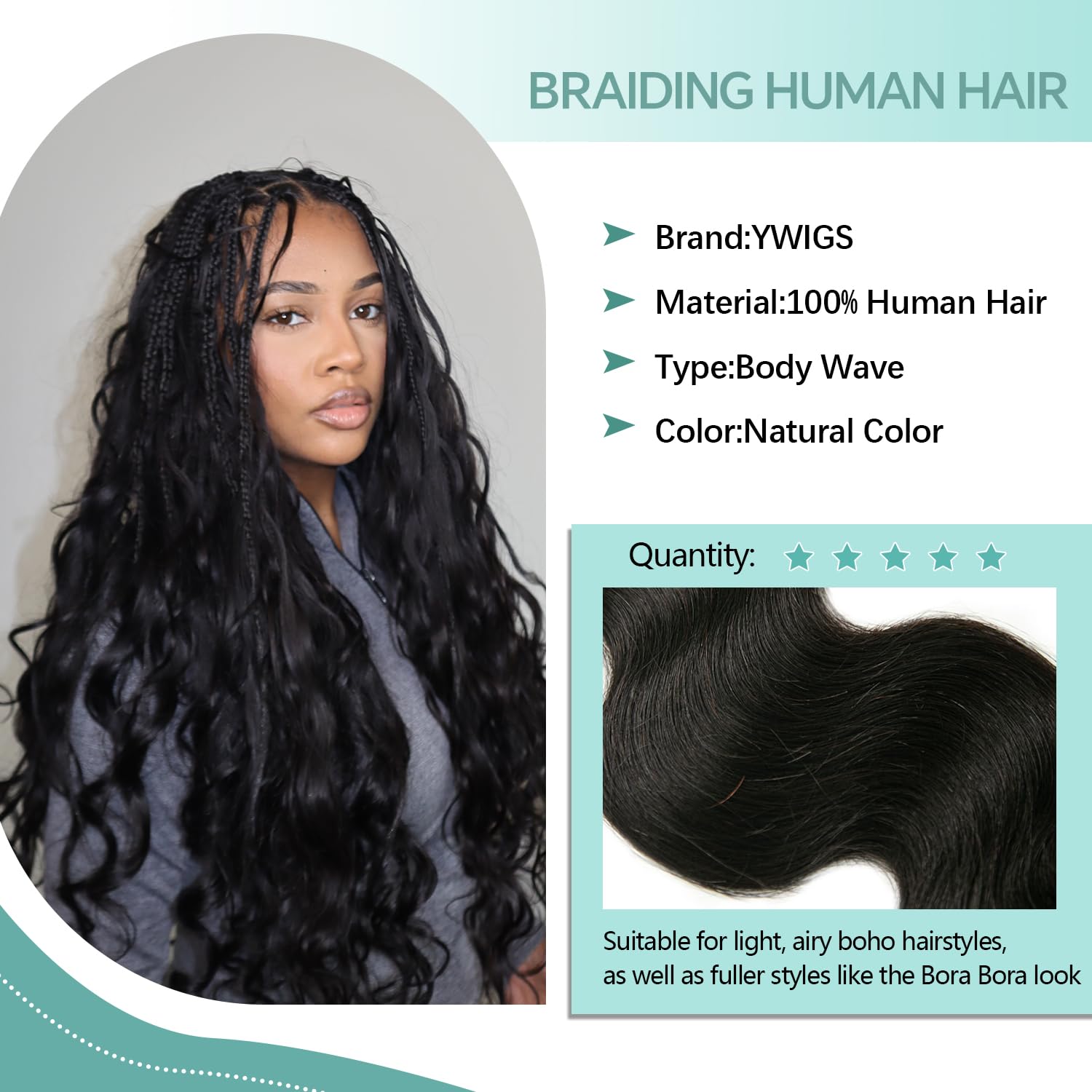 YWIGS Body Wave Human Hair for Boho Braids Human Boho Hair 100G NC 18inch image 4