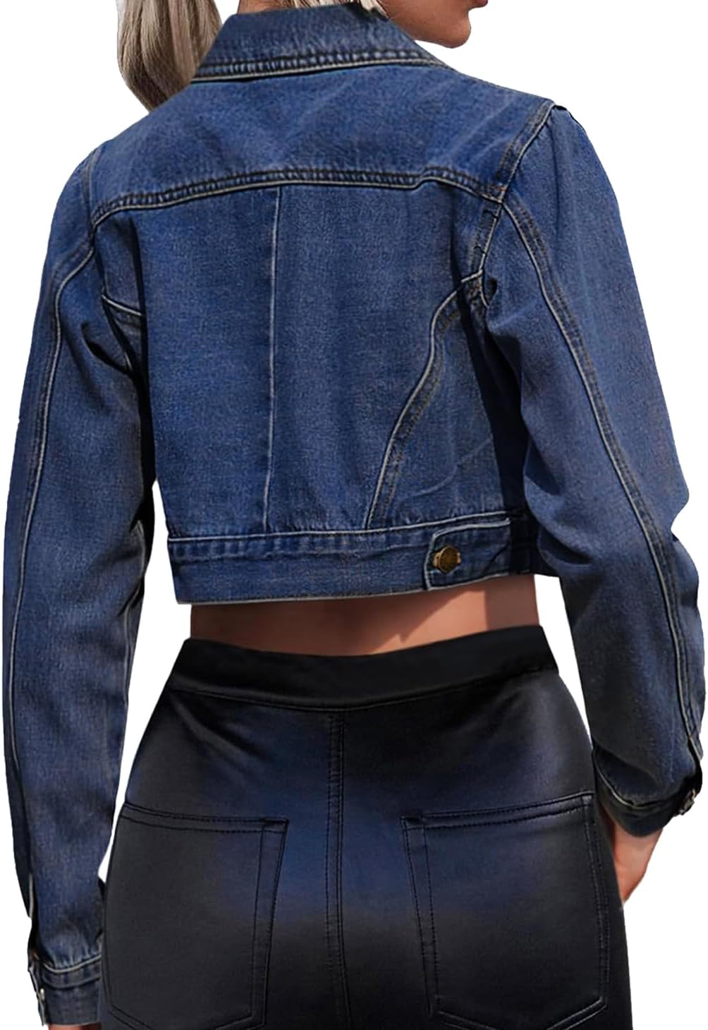 Women's Cropped Denim Jean Jacket Button Down Frayed Washed Long Sleeve Casual Jacket Coats - Image 2