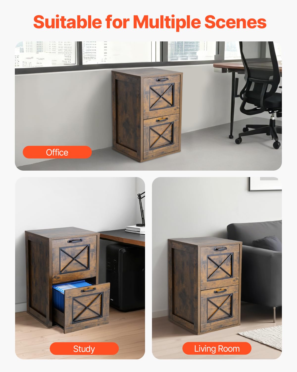 VEVOR Archivador Vertical, Archivador Vertical 450 x 400 x 687 mm de 2 Cajones con Barra de Suspensión Ajustable de 2 Niveles para Archivos de Tamaño A4/Carta/Legal para Oficina, Marrón Miel