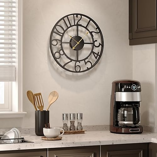 Miniatura 2 de Reloj de pared negro de 16 pulgadas decorativo, moderno reloj de metal para sala de estar, funciona con pilas, silencioso, sin tictac, números