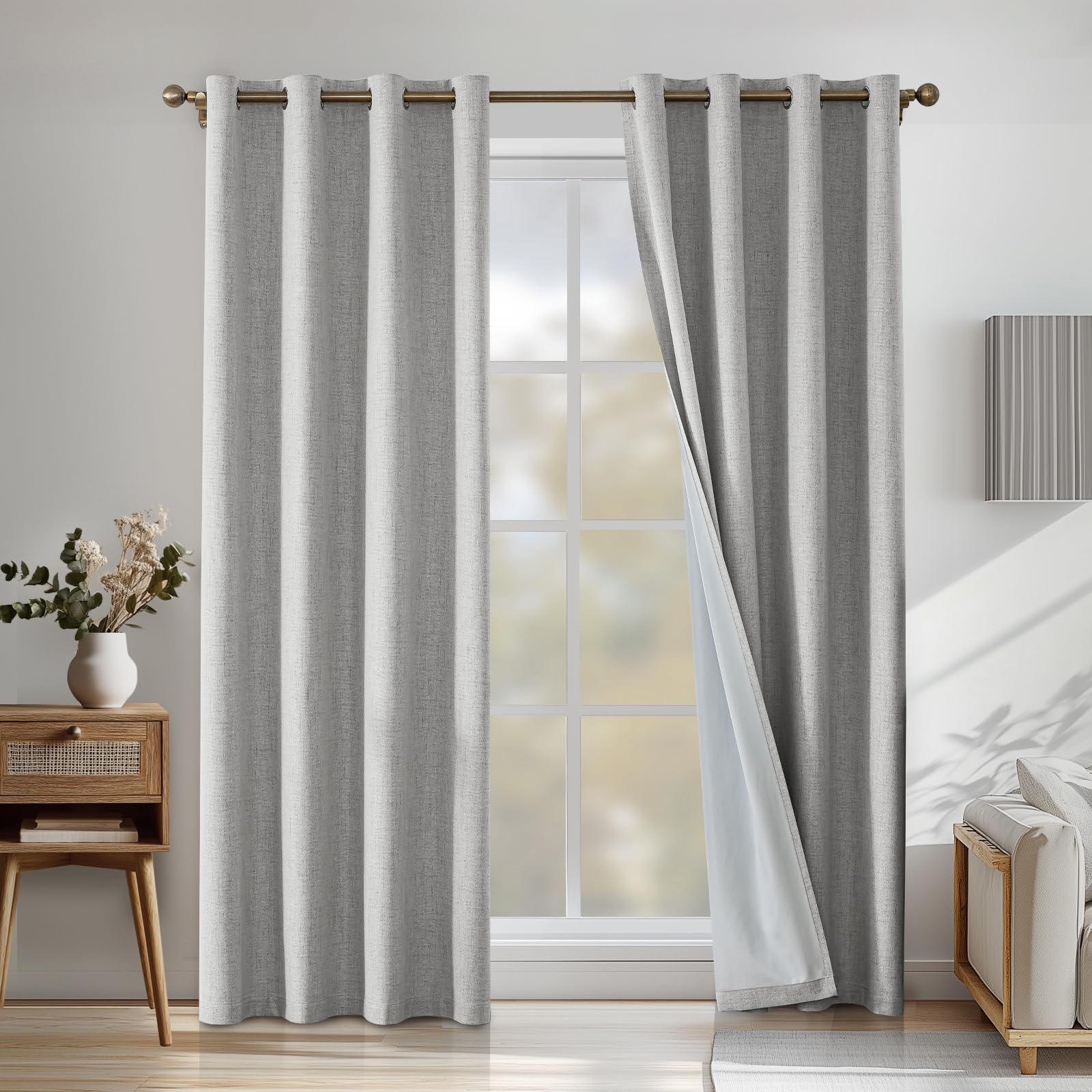 CYCMACO 100% Cortinas Opacas 2 Piezas, 140x245cm, Cortina Opaca Termica Aislante, Lino Cortina con Ojales, Cortinas Dormitorio Acusticas, Modernas, para Salon, Oficina Y Habitacion, Gris Blanca Global Recycled Standard Global Recycled Standard Global Recycled Standard
