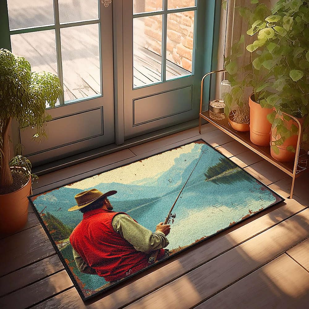 Paillasson d'automne pour terrasse et entrée chalet motif pêcheur au lac et montagnes