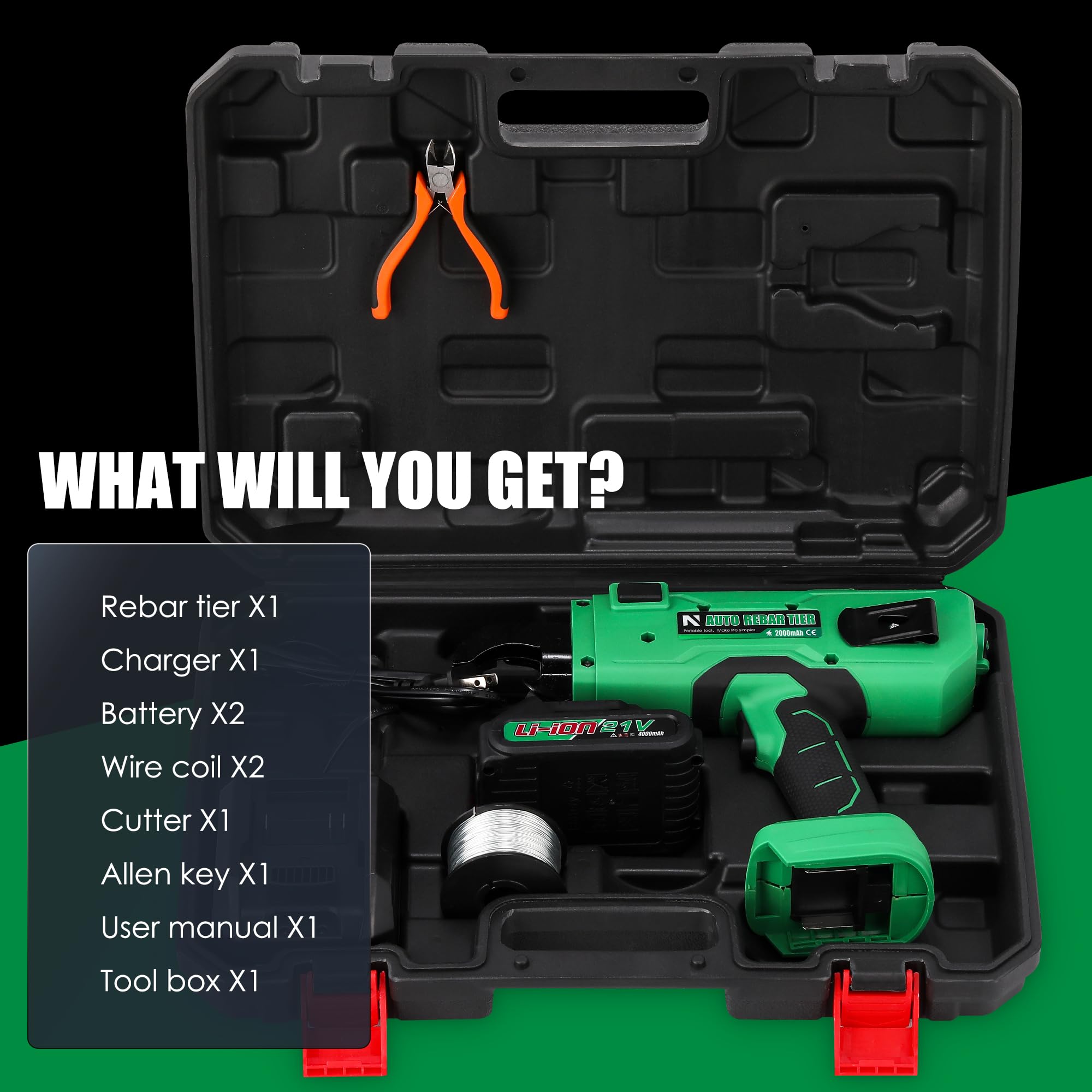 NEWTRY Atadora de Ferralla Automática Profesional de Varillas de Hierro con 2 Baterías de 4000 mAh y Cargador, para Barra de Acero de 0,3'' a 1,33'' (7~34 mm)