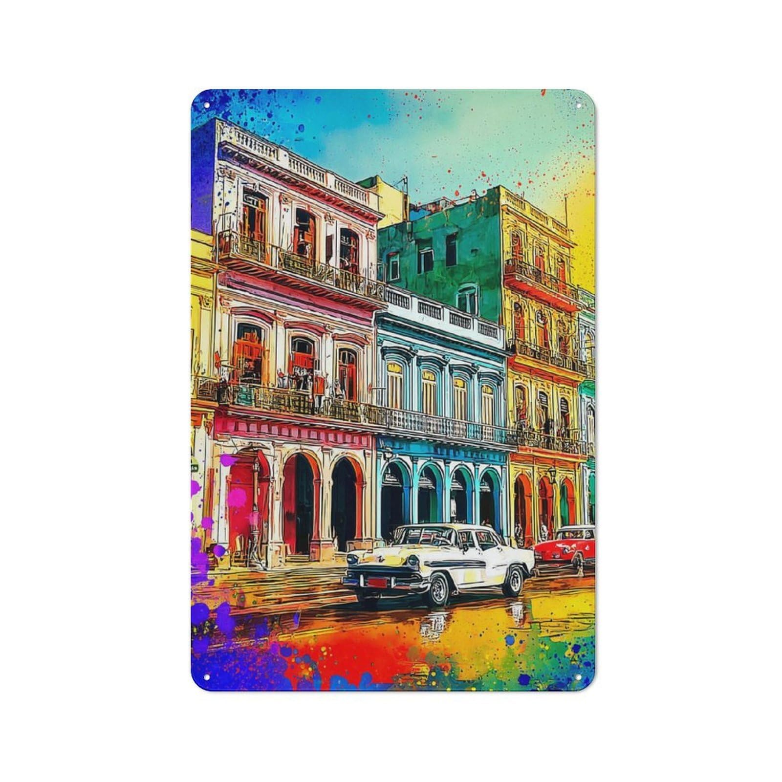 Junmoney Colorful Cuban Street Scene Metal Plaque 30X20cm With For Home Bar Wall, Retro Decor, For Garage, Workshop And Man Cave Decoration