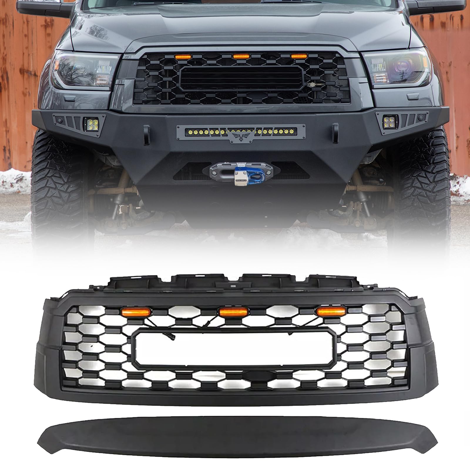 Front Grill Compatible with 2010-2018 Sequoia&2019-2021 Sequoia TRD Style Front Grill Replacement ABS Bumper Grille with Letters and 3 LED Lights