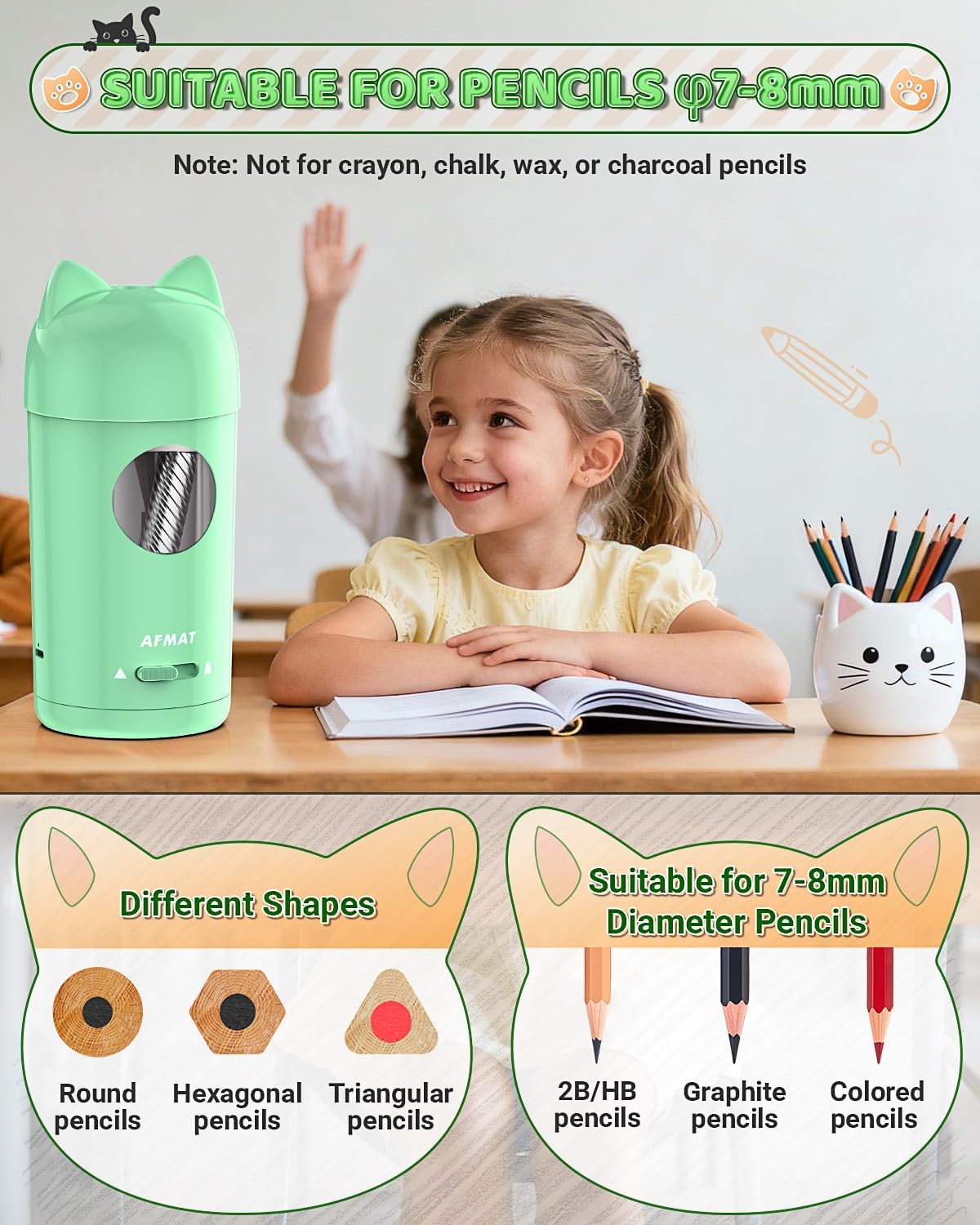 AFMAT Electric Pencil Sharpener, Fully Automatic Pencil Sharpener for φ7-8mm No.2/Colored Pencils, Auto in & Out, Rechargeable & Cordless, Hands-Free Colored Pencil Sharpeners for Classroom Home PSX9