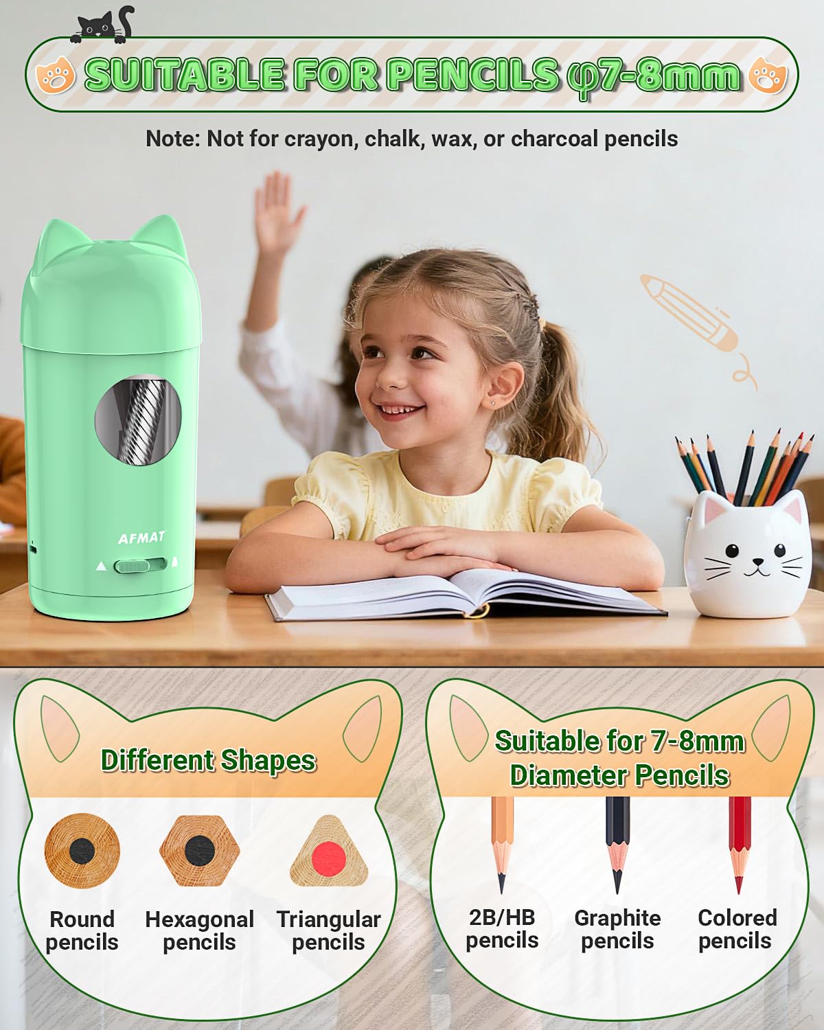 AFMAT Volautomatische elektrische potloodslijper met kattenoren, elektrische potloodslijper met houder voor 7-8mm potloden (dik & dun) – USB-slijper kinderen, cadeau voor school/kantoor, zwart