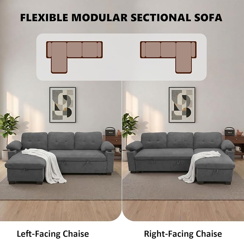 93" L Shaped Sleeper Sofa Bed, Pull Out Sectional Couch with Storage Chaise/Reclining Backrest, Sectional Couches for Living Room with USB Port, Foldable Table, Cup Holder, Side Pocket, Light Grey image 6