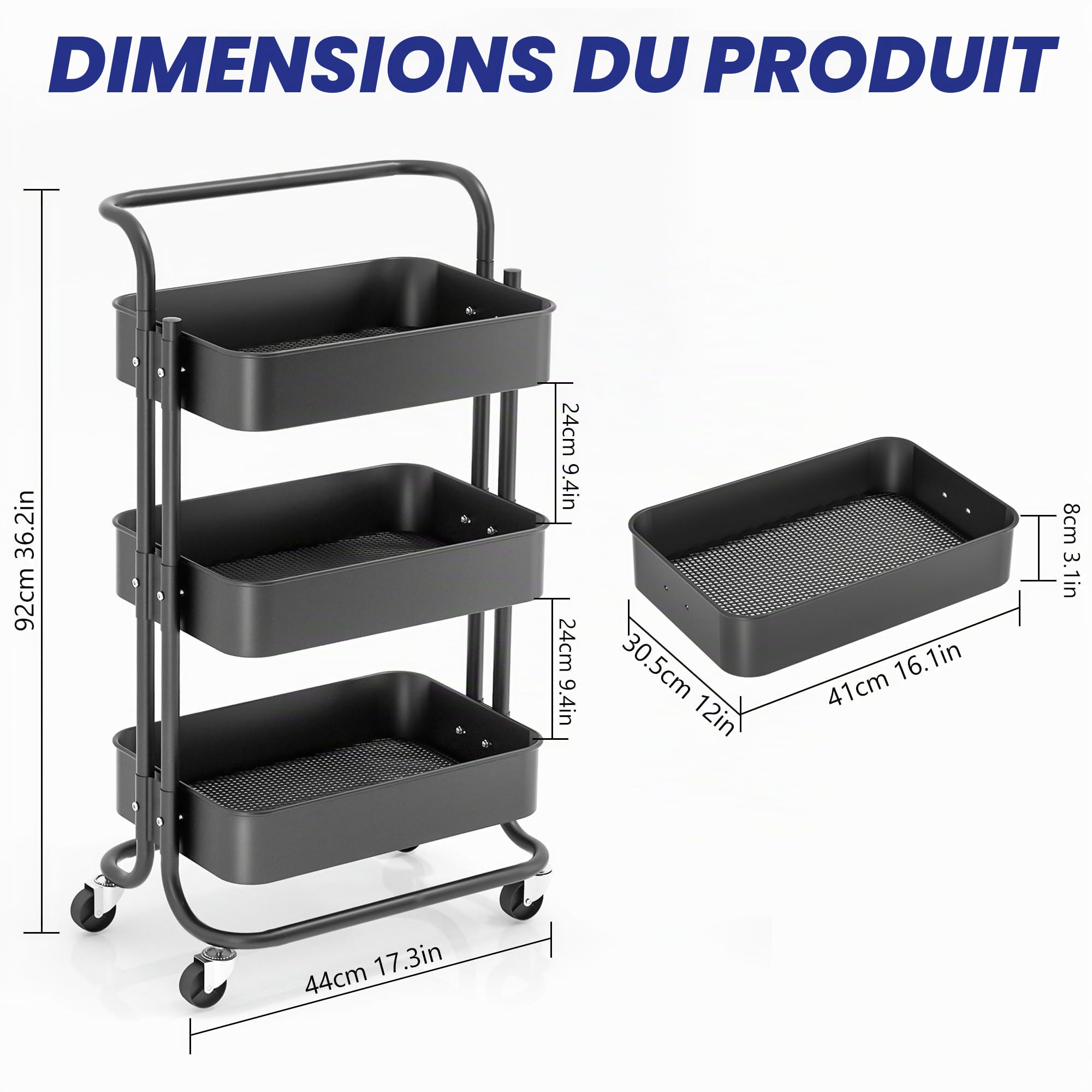 Chariot de Service Chariot de Cuisine Étagère de Cuisine, Chariot Multi-Usage Amovible, avec poignée et roulettes verrouillables, Convient pour la Salle de Bain et la Cuisine, Noir