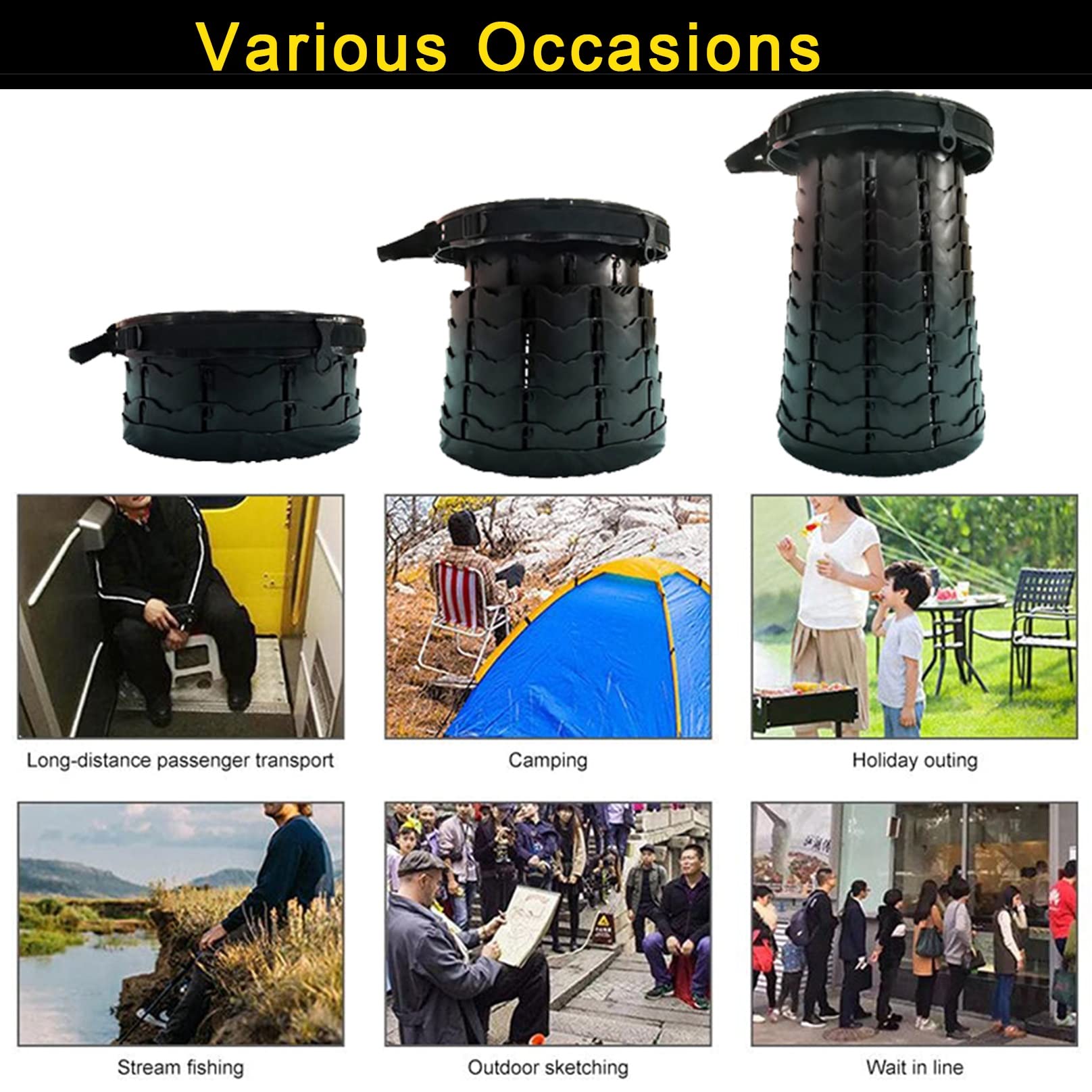 Tragbarer Teleskophocker Klappbarer Campinghocker Leichter Einziehbarer Hocker für Erwachsene Zusammenklappbare Autotoilette Grillen Im Freien Angeln Wandern Gartenarbeit (Color : Black)