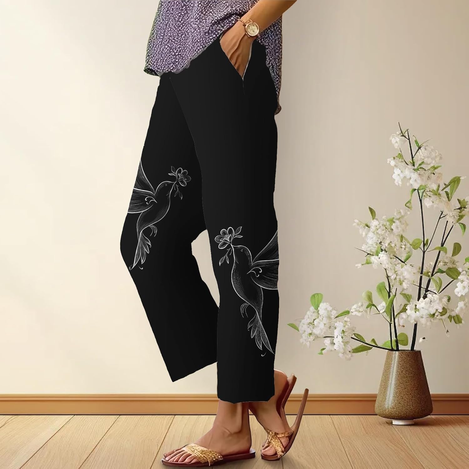 Women's Japanese Art Print Straight Leg Pants High Waist Elastic Baggy Trousers Business Work Casual Pants with Packet - Image 2