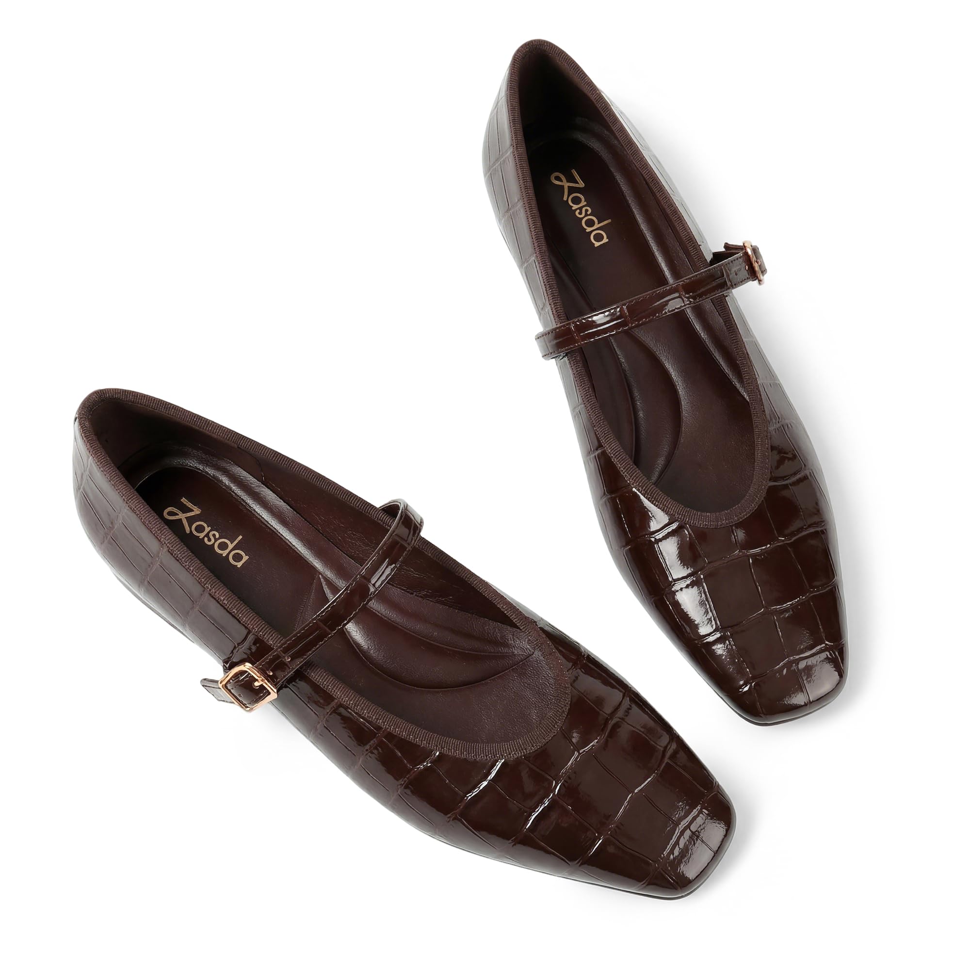 Zasda Womens Mary Jane Flats Square Toe Ballet Flats Leather Comfortable Casual Dressy Shoes with Adjustable Ankle Strap