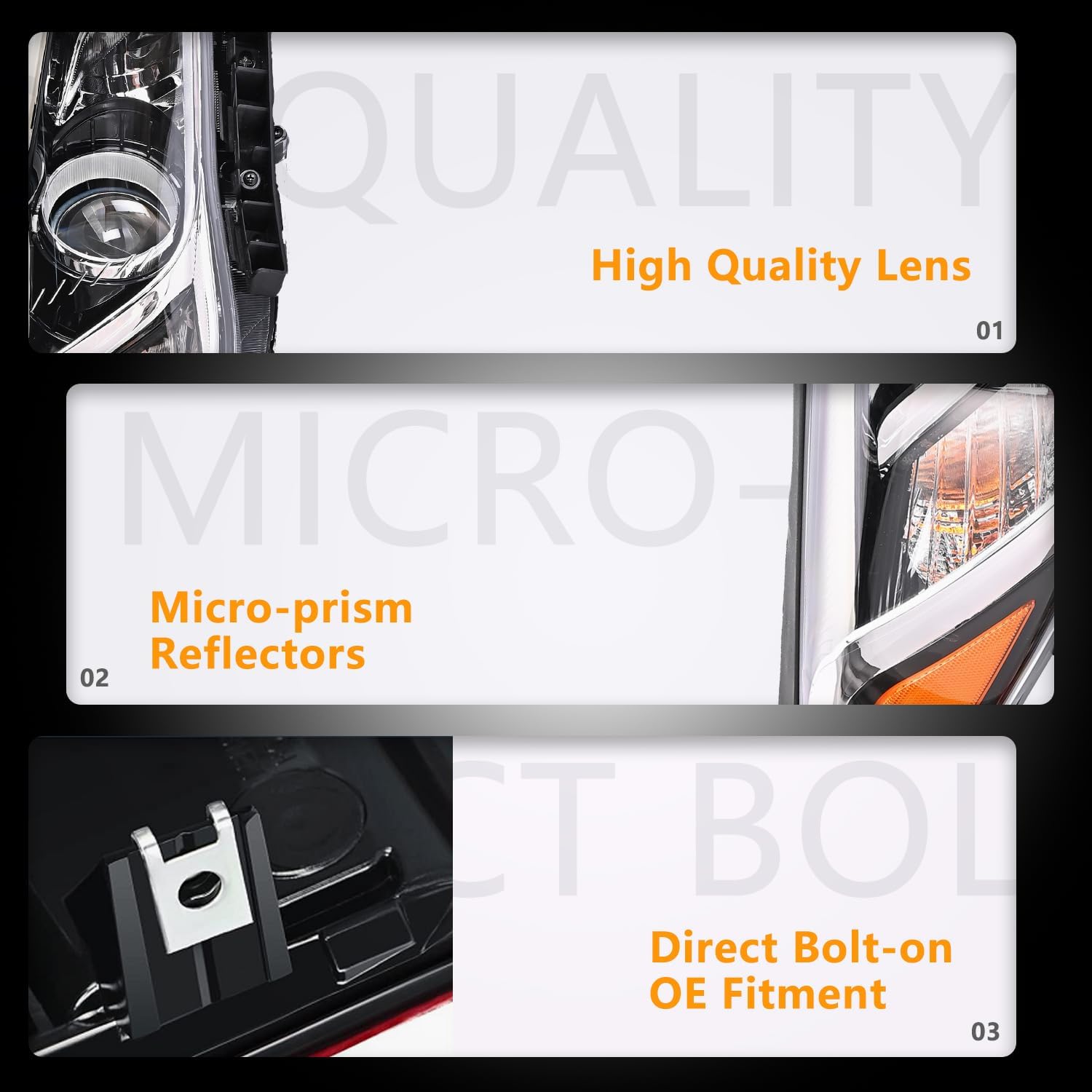 Headlight Assembly for Hyundai Sonata, Passenger & Driver Side Halogen Headlamp with Clear Lens Black Housing Amber Reflector, 1 Pair,