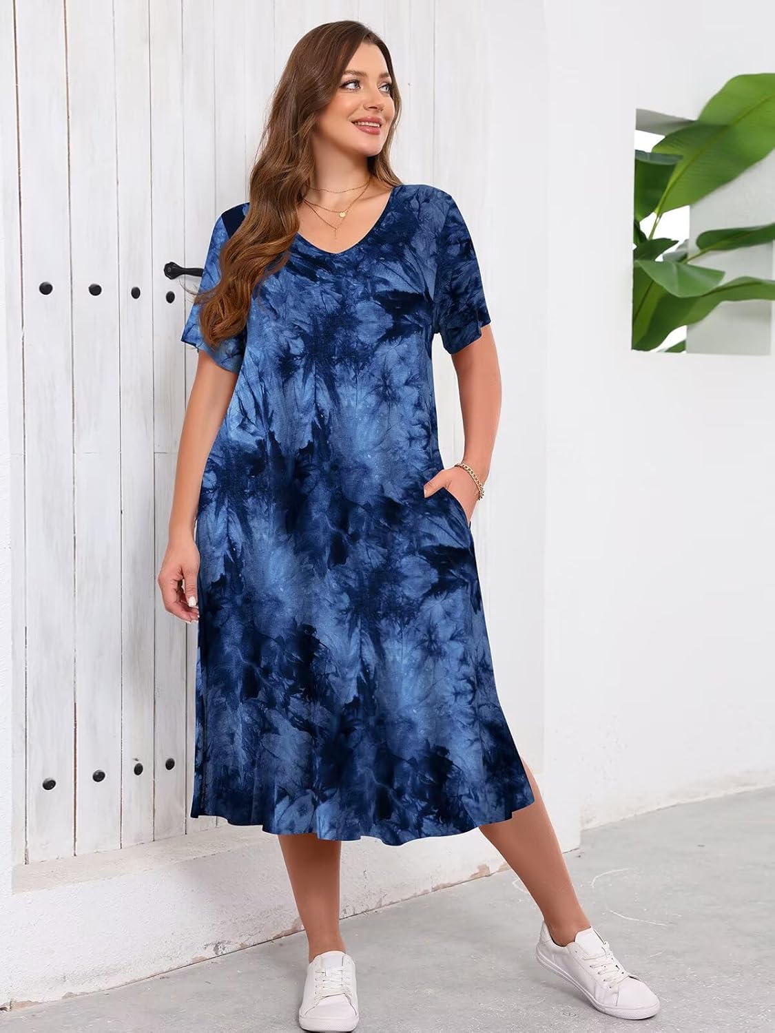 BELAROI Women Plus Size Dresses Summer Casual Midi Tshirt Dress V Neck Short Sleeve Long Maxi Side Split Pockets - Image 4