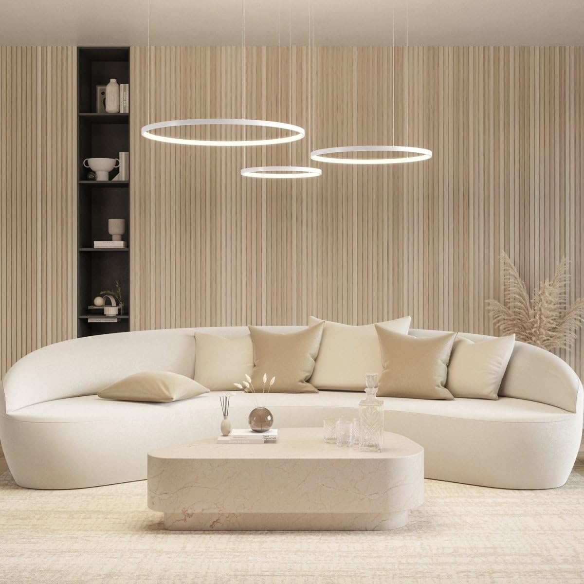 NEONA CAECILIA LED Pendelleuchte dimmbar mit Fernbedienung – 3-Ring Hängeleuchte warmweiß bis kaltweiß, Memory-Funktion, Aluminium, Ø 70/55/40 cm, höhenverstellbar, 3 Jahre Garantie (Weiß)