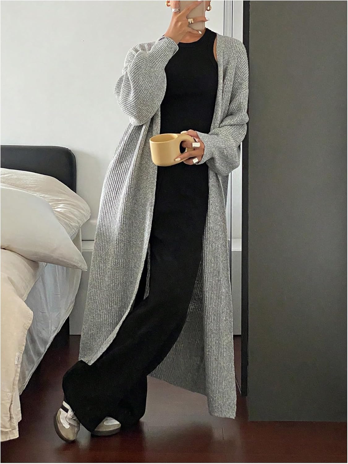 SweatyRocks Women's Open Front Long Duster Cardigan Sweater Cozy Lightweight Soft Knit Outerwear Grey Large - Image 2