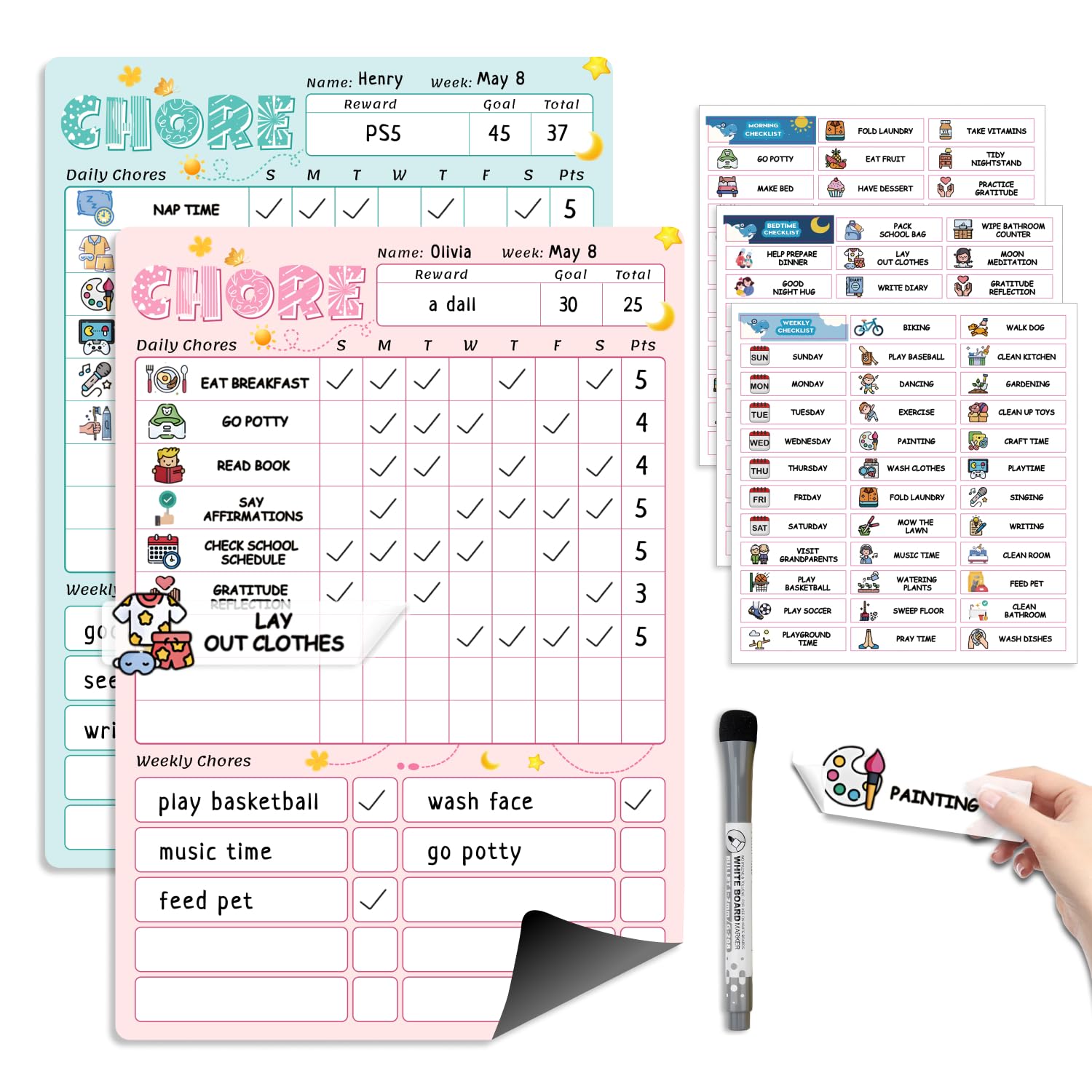 Magnetic Kids Chore Chart for 2 Kids Blue &amp; Pink, Dry Erase Routine Chart for Kid Toddlers Teens Adult with Marker &amp; Chore Stickers, Behavior Responsibility Chart for Kid at Home