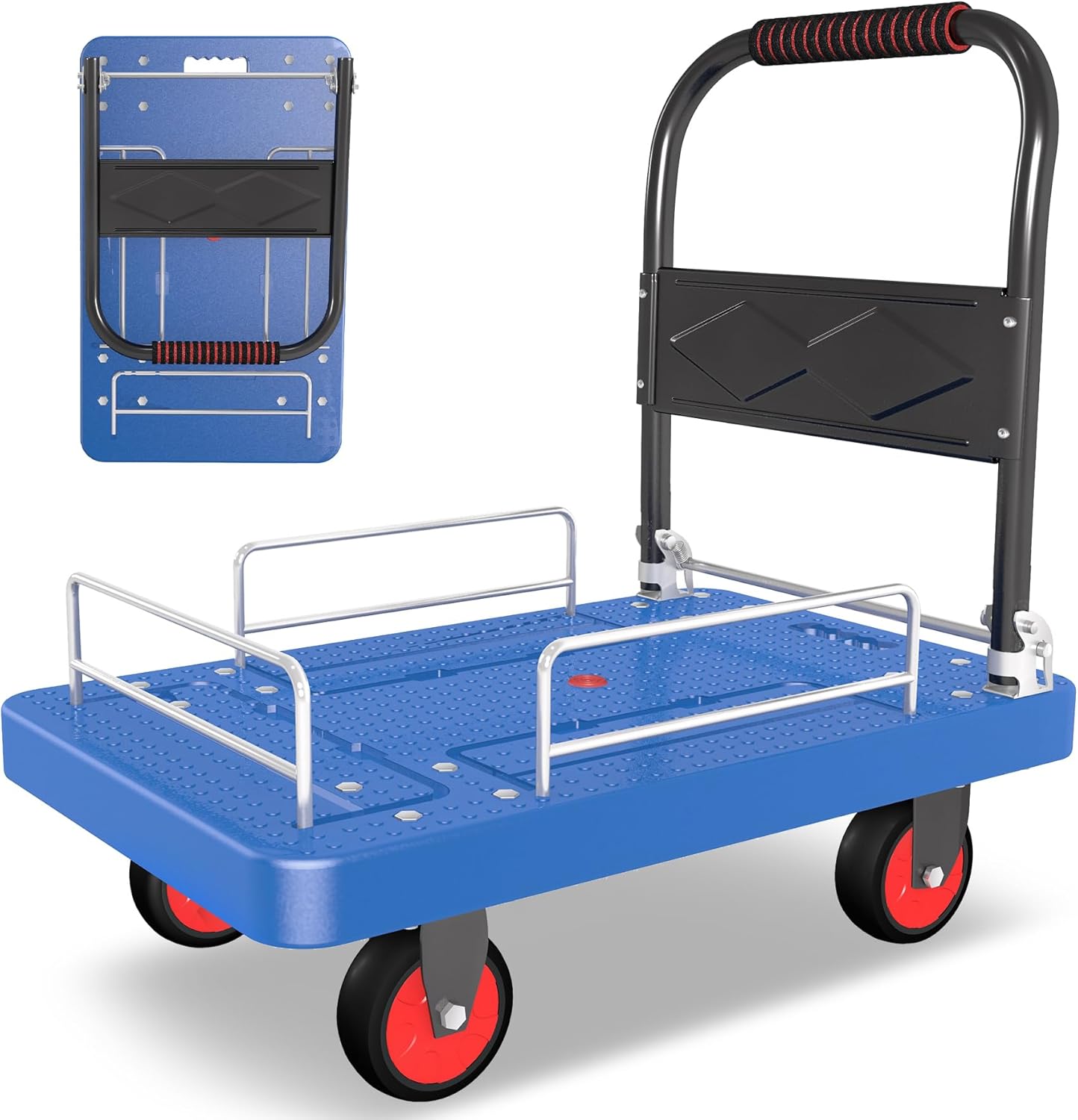 Platform Trucks Flatbed Cart Heavy Duty with Brake Wheels & Fence Foldable Hand Cart 1300lbs Capacity 36"x24" Moving Dolly for Furniture/Office/Groceries/Garage, Black