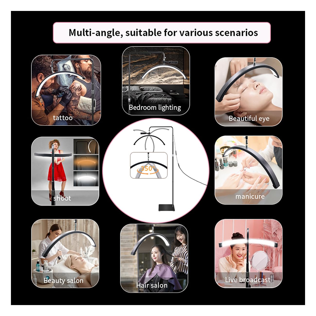 ayex LED Beauty Standleuchte 24 Zoll Lichtbogen für Kosmetik, Wimpern & Tattoo schwarz M6X