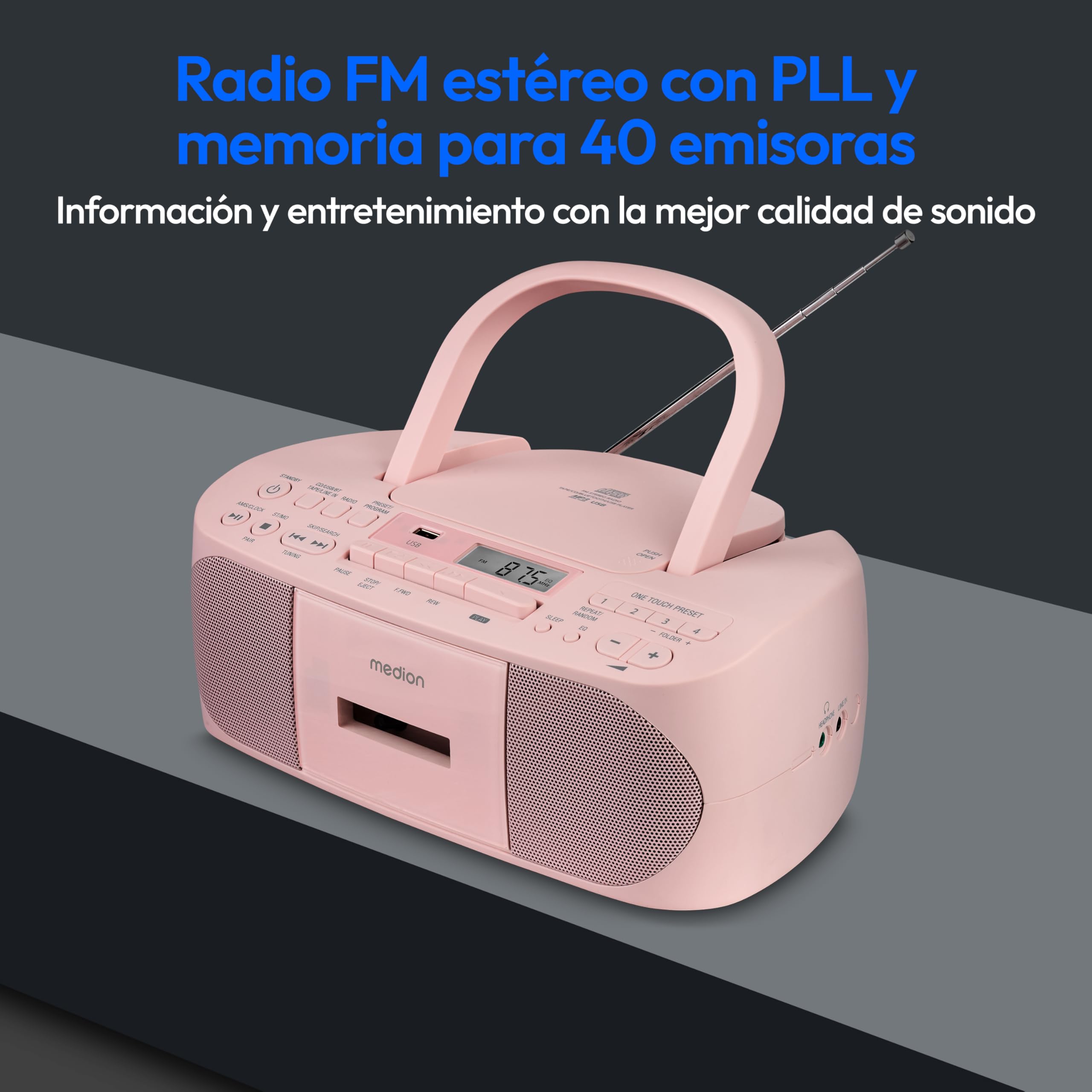 MEDION E65010 Radio estéreo (Reproductor de CD, Casete, conexión USB, Entrada de Audio AUX, reproducción MP3. Radio FM PLL, Memoria para 40 emisoras, Funcionamiento con Pilas, Mando a Distancia) Rosa