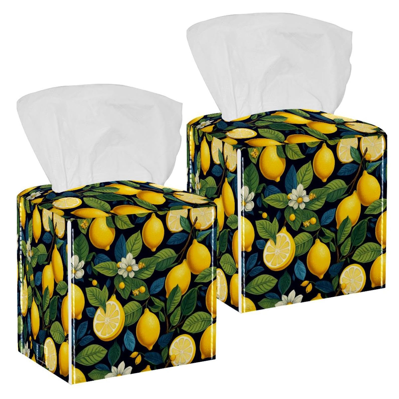 Lemon Tissue Box Cover, 2 Pack PU Leather Square Facial Tissue Dispenser Box holder for Home Office Car