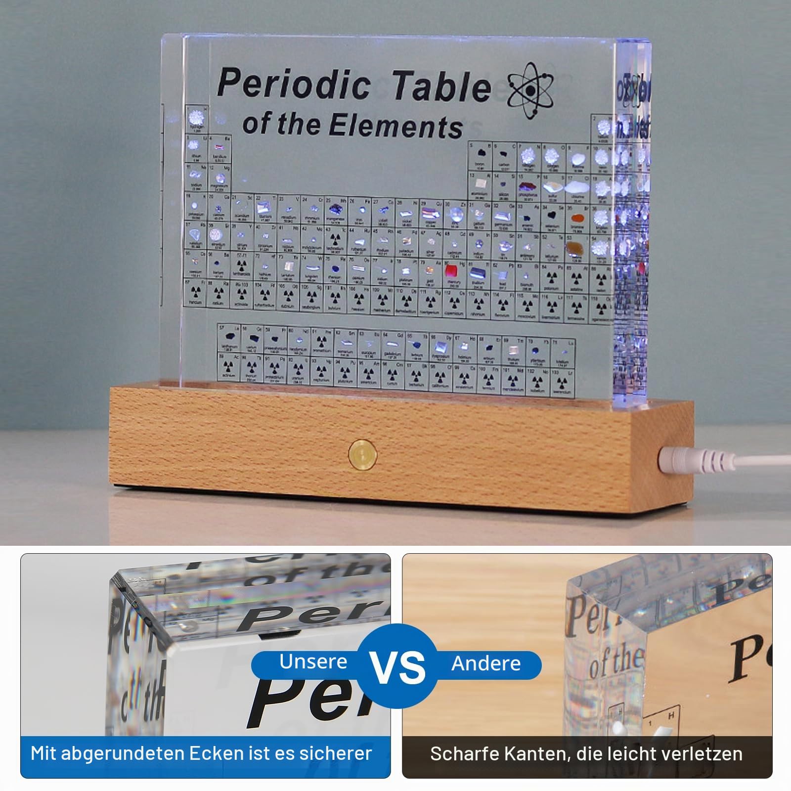 Periodensystem mit Echten Elementen im Inneren, Acryl Periodic Table of 83 Elementen, Proben Periodensystem Display Geschenk für Schüler Lehrer Kinder Studenten Handwerk (21x14x2.7cm With Base)