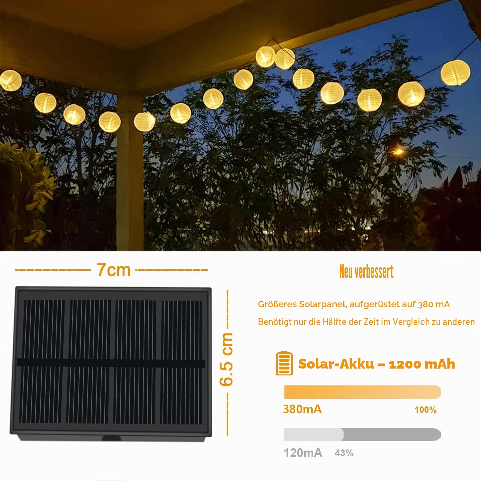 Bowfar Solar Lichterkette Lampions Außen, 10M 50 LED Laternen 1200mAh Solar Lichterkette Aussen mit Upgrade Solarpanel, 8 Modi Lampions Außen Wetterfest für Garten Balkon Terrasse Hochzeit, Warmweiß