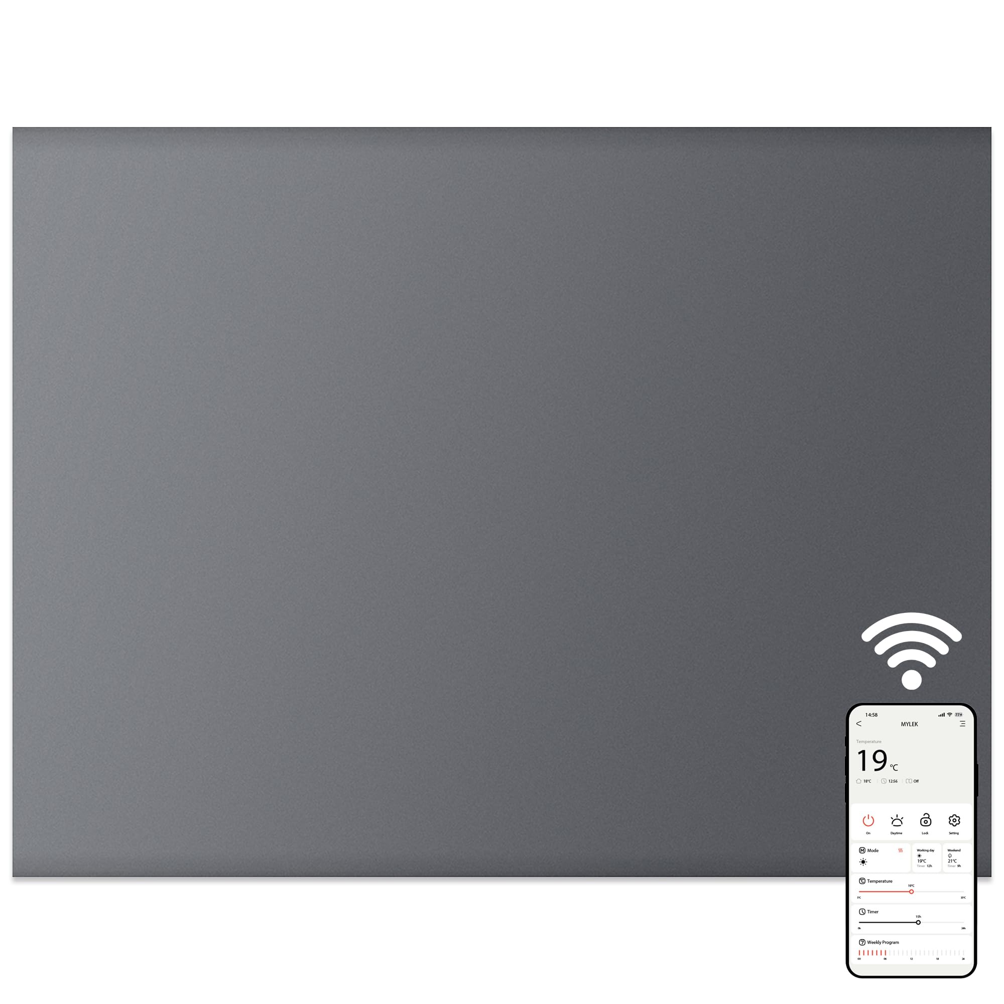 MYLEK Panel Space Heater 0.5KW Smart WiFi App Radiator Electric SlimLow Energy - Charcoal Grey - Wall Mounted Design, Bathroom IPX4 Rated for Homes, Offices (500Watts)