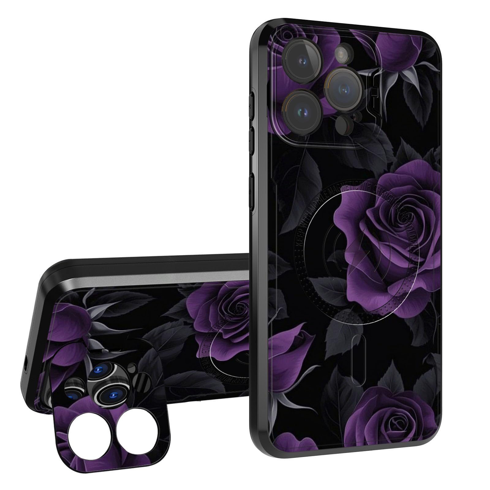 for iPhone 16 Pro Max Case with Camera Cover Kickstand, Upgraded Camera Protection, Magnetic Charging Compatible, Pattern Design Shockproof Protection, Purple Rose