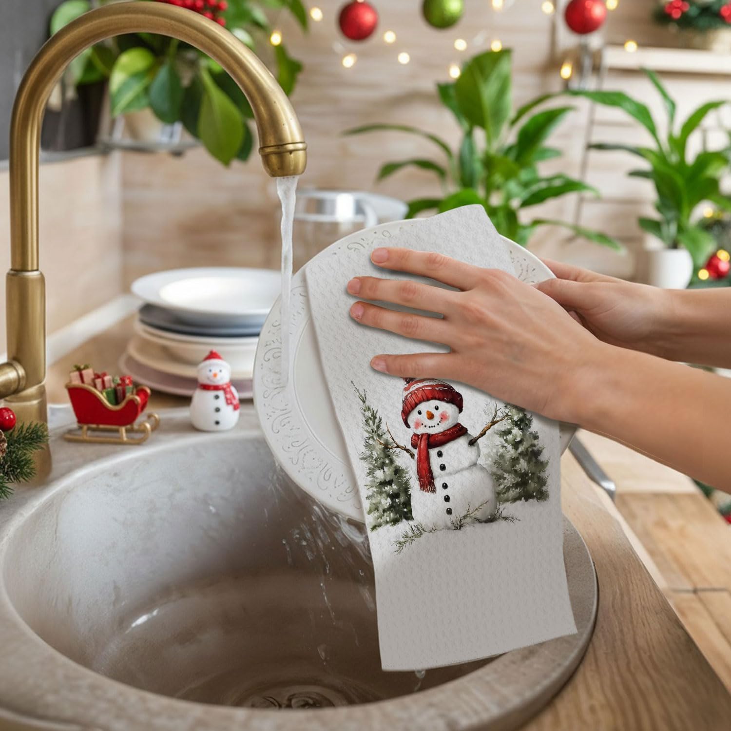 Winter Christmas Tree Snowman Kitchen Towels, Farmhouse Christmas Dish Towels Drying Cloth for Kitchen, Holiday Snowman Xmas Tree Decorative Hand Towel for Bathroom, 16x24 Inch - Image 2