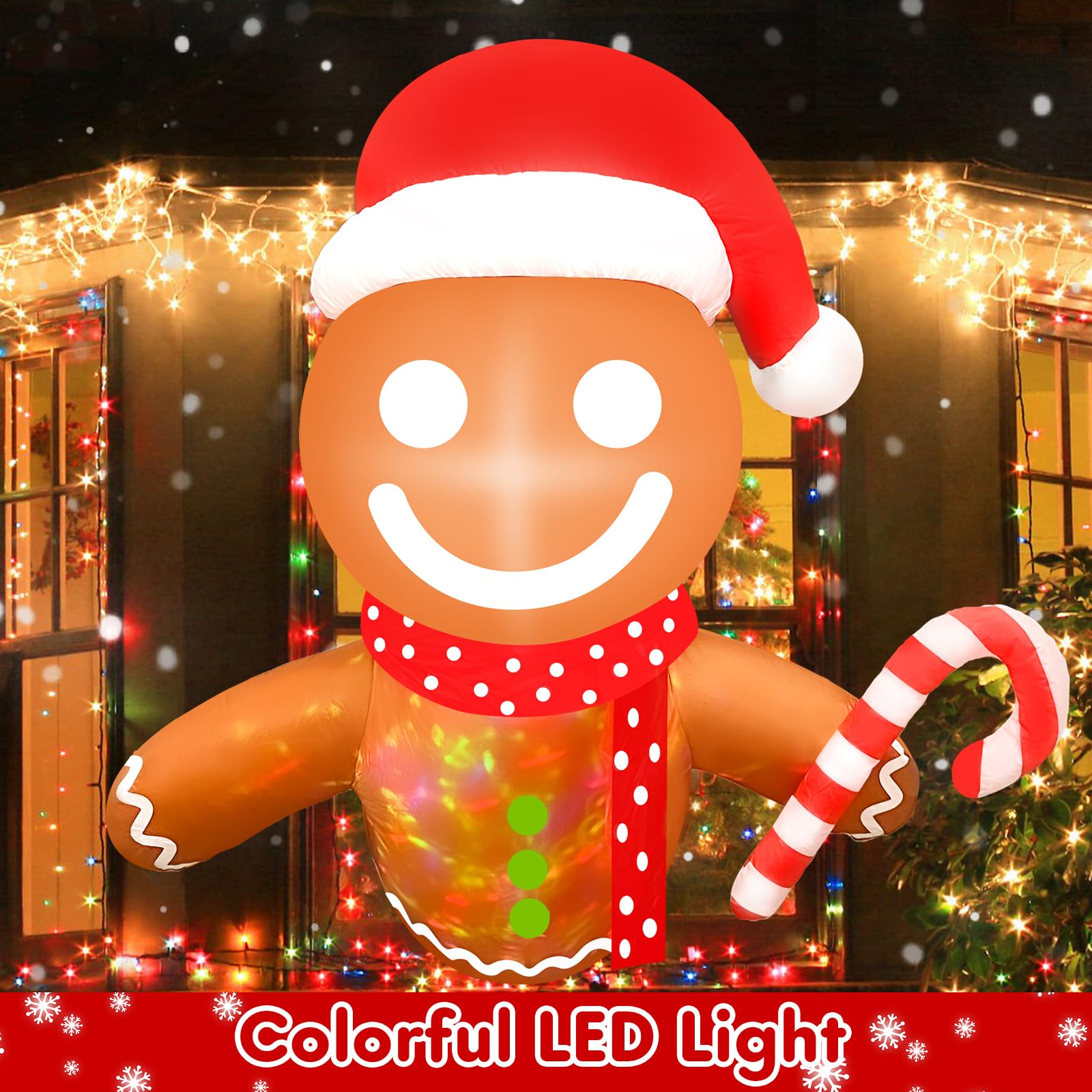 Aufblasbare Weihnachtsdekoration, Lebkuchen aus dem Fenster, 1,5 m, mit integrierten rotierenden bunten LED-Lichtern, Weihnachtsdekoration für den Innen- und Außenbereich, Hof, Garten, Zuhause,
