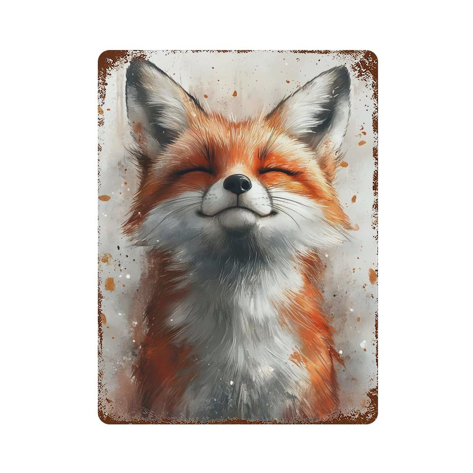 Rusty Metal Tin Sign with Smiling Fox Watercolor Design 15.7"x11.8", for Farmhouse, Kitchen And Entryway Decor, Rustic Home Decor