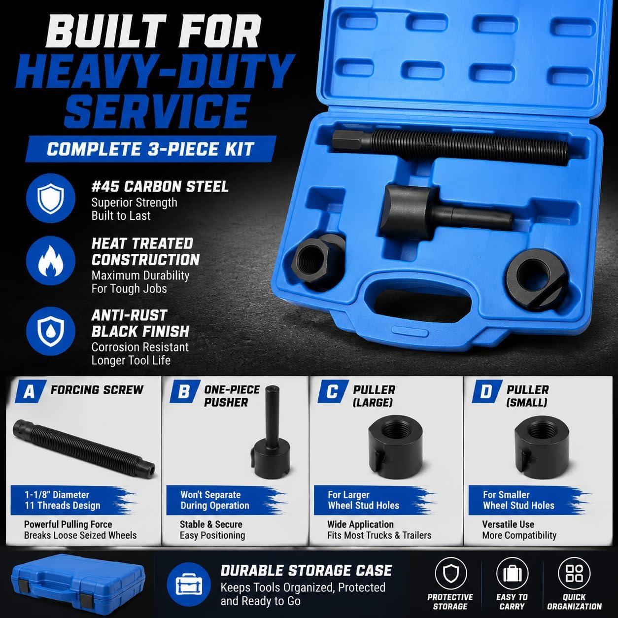 Dual Wheel Separator Tool Kit, Heavy Duty One-Piece Pusher Wheel Hub Removal Tool for Truck Bus Van Trailer, Carbon Steel Ball Bearing Driven, 3-Piece Set with Storage Case