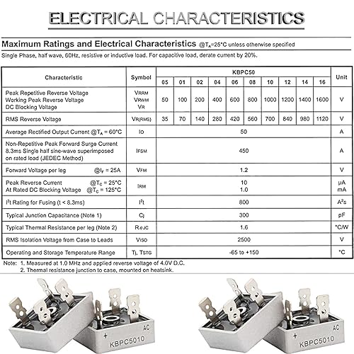 Miniatura 5 de 11 unids KBPC5010 puente rectificador diodo 50A 1000 V alta potencia rectificador diodo monofásico onda completa carcasa de metal 4 pines a través