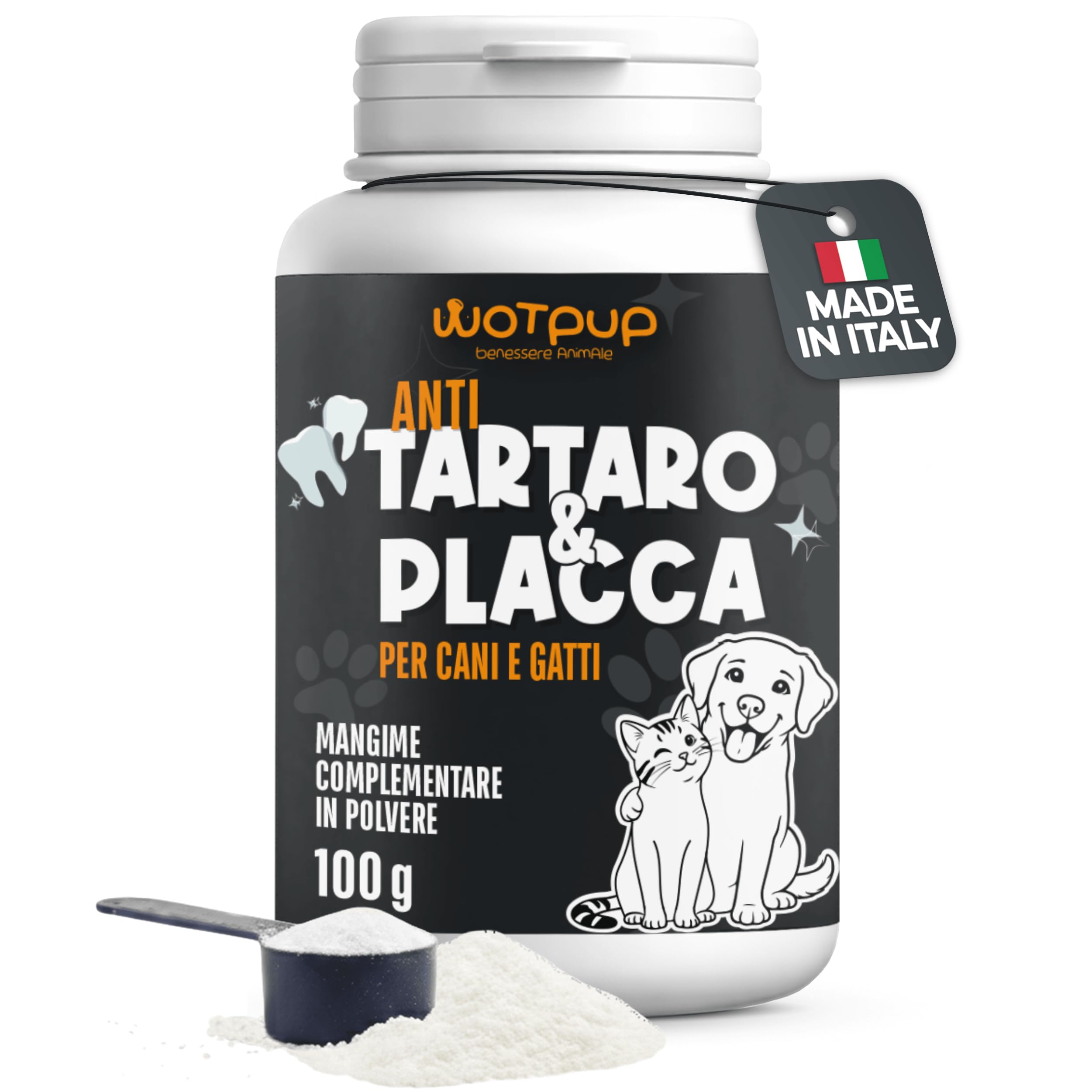 Pulizia Denti Cane e Gatto, Polvere Dentale Sciogli Tartaro e Placca | Dental Bright – Dentifricio Senza Spazzolino con Inulina, Menta, Pappa Reale e Salvia – 100g (50 Dosi), Made in Italy