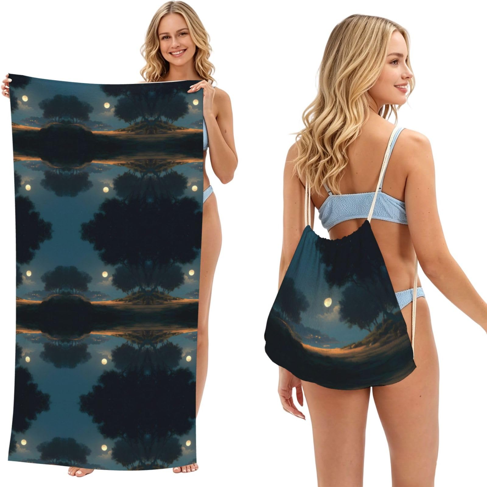 EZDLOWVBA Moonlight Print Beach Towel Backpack 2 In 1 Summer Large Lightweight Beach Towel - Multifunctional Ship Pattern Towel Bag For Storage,Sport