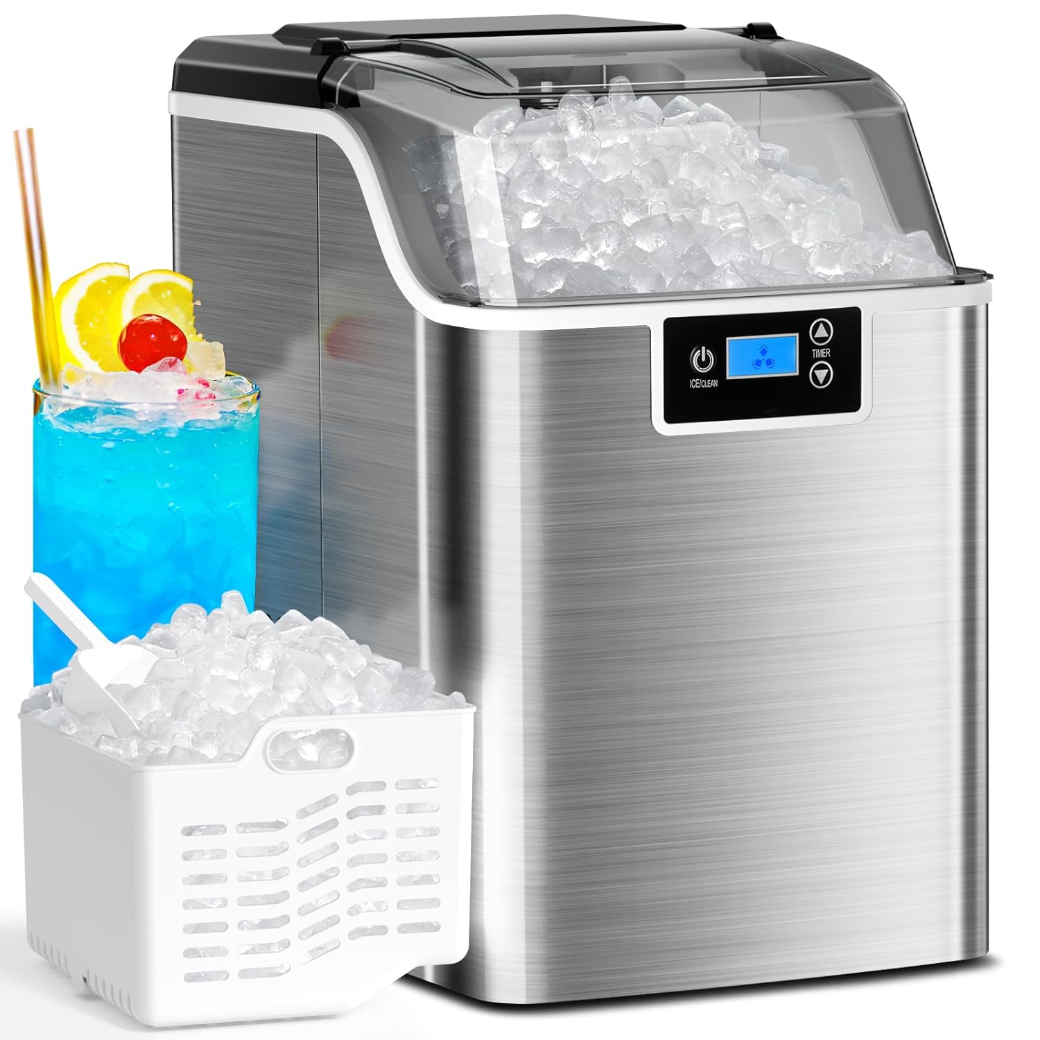 Nugget Countertop Ice Maker with Soft Chewable Pellet Ice, Self Cleaning,45lbs/Day,LED 24H Timer, with Ice Scoop and Ice Basket,Sonic ice for Home & Kitchen Bar Party,Stainless Steel Silver