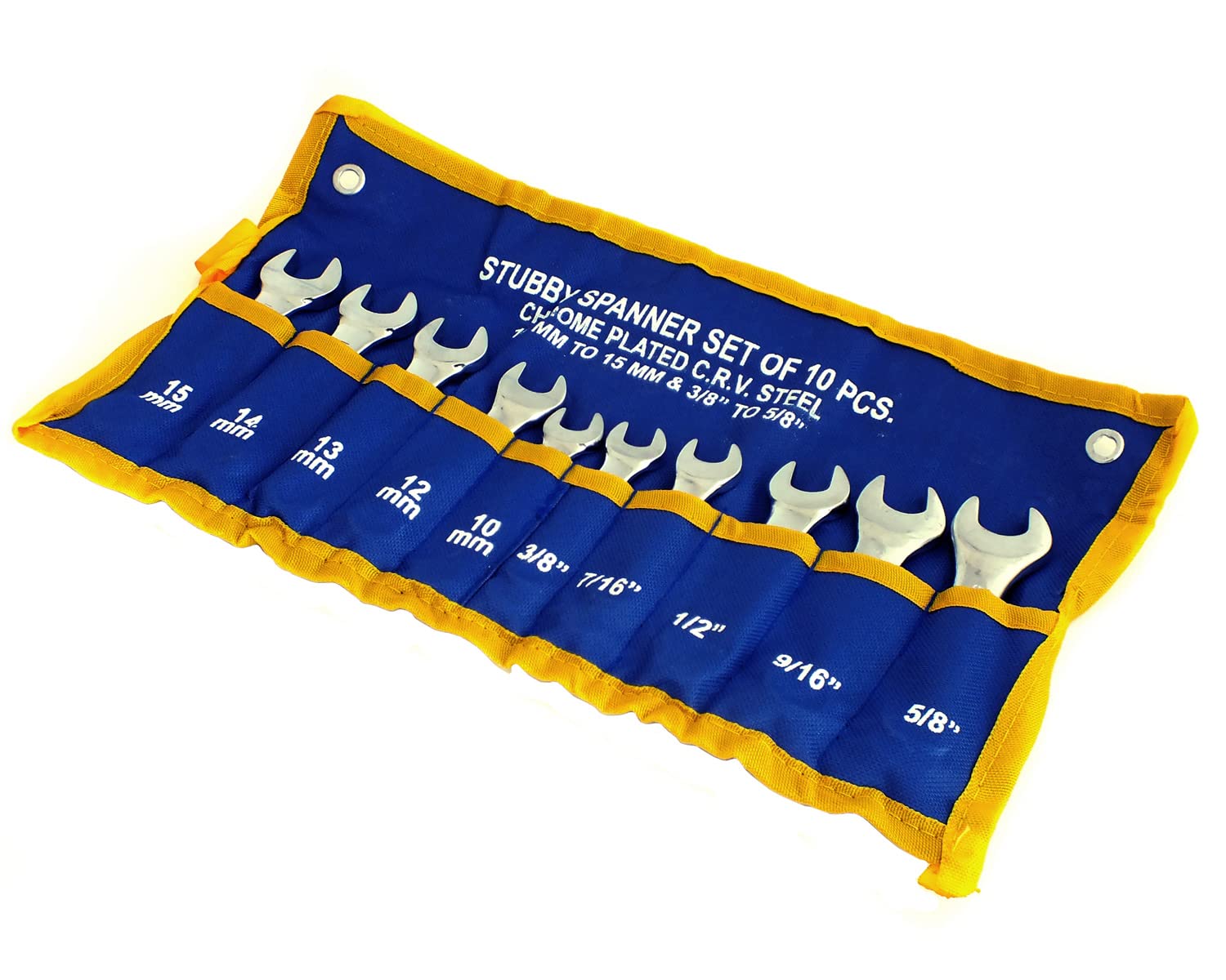 Tooltime. Chrome 10 Piece Metric & Imperial Vanadium Stubby Spanner Combination Wrench Set With Tool Storage Roll
