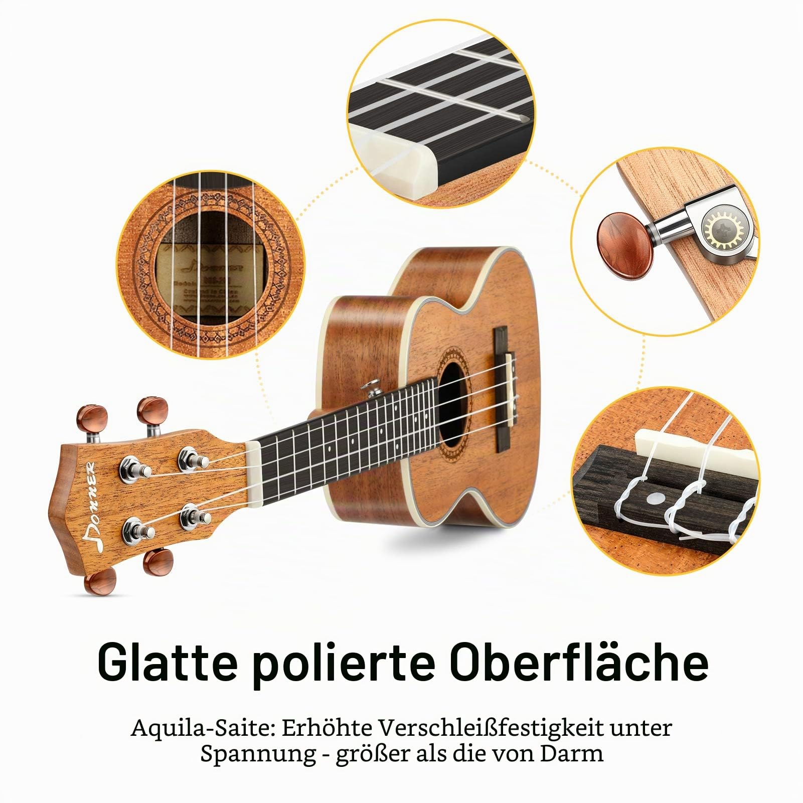 Donner Sopran Ukulele 21 Zoll für Anfänger Kinder Erwachsene Ukulele Starter Kit Mahagonieholz mit Nylon Saiten Hawaii Gitarre DUS200