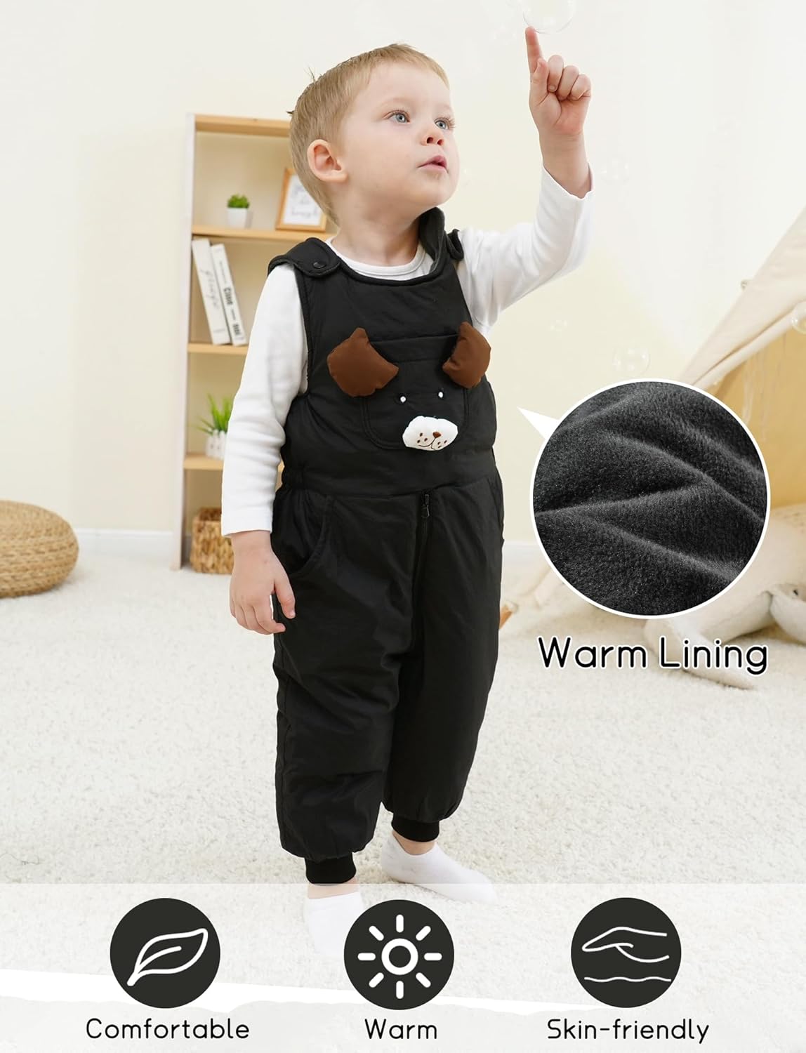 Happy Cherry Toddler Boy Girls Winter Warm Fleece Line Bib Pants Cartoon Snow Ski Overall Insulated Zip Up Bibs Snowsuit