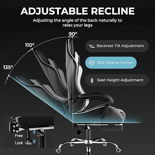 Miniatura 6 de GTPLAYER Silla para videojuegos, silla de computadora con reposapiés y soporte lumbar, silla de juego ajustable en altura con asiento giratorio de
