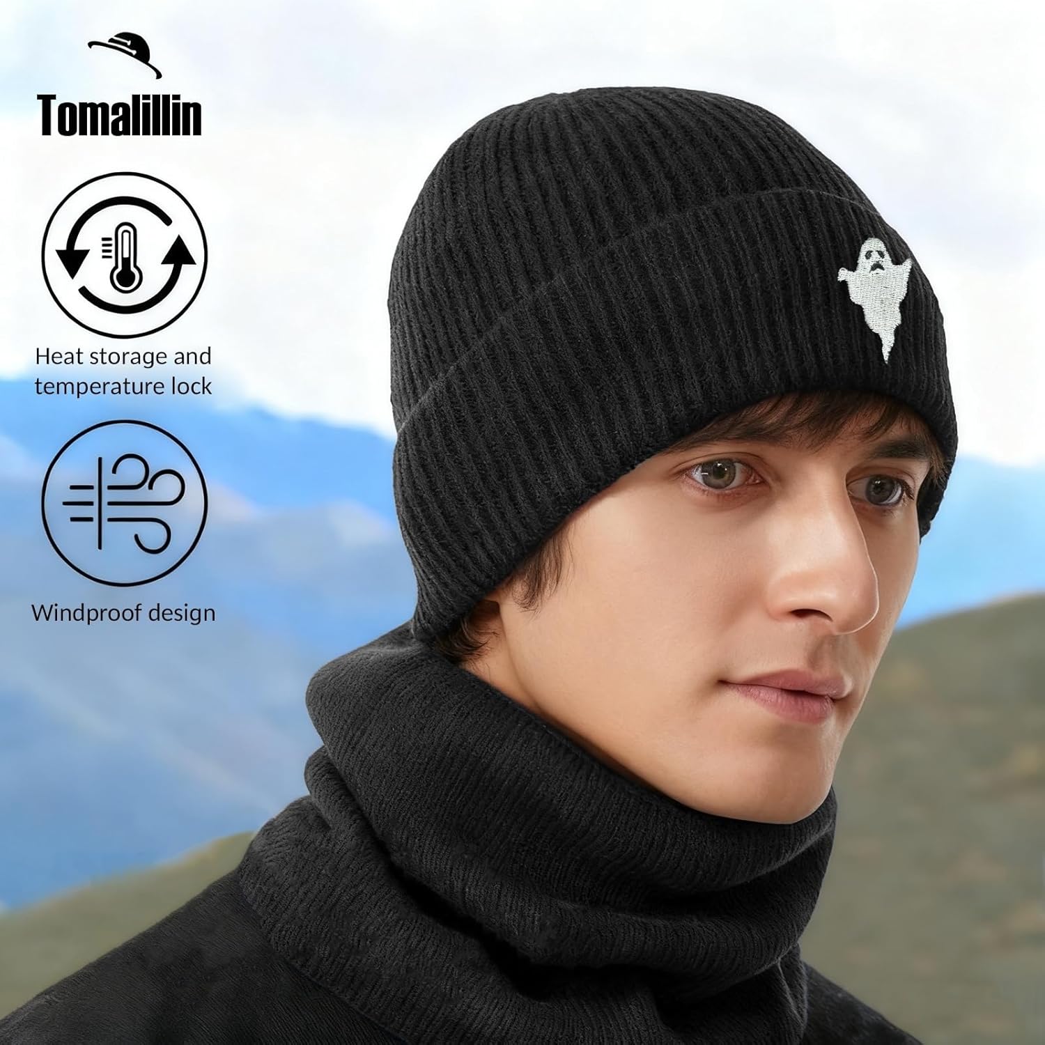 Mens Beanie Fleece Lined Winter Hats Double Layered Ghost Knited Hat for Women - Image 2