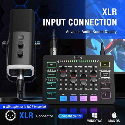 Miniatura 2 de FIFINE Mezclador de audio para juegos y cable XLR, mezclador de PC RGB de transmisión con interfaz de micrófono XLR, para podcastvocalvoz de juegos,