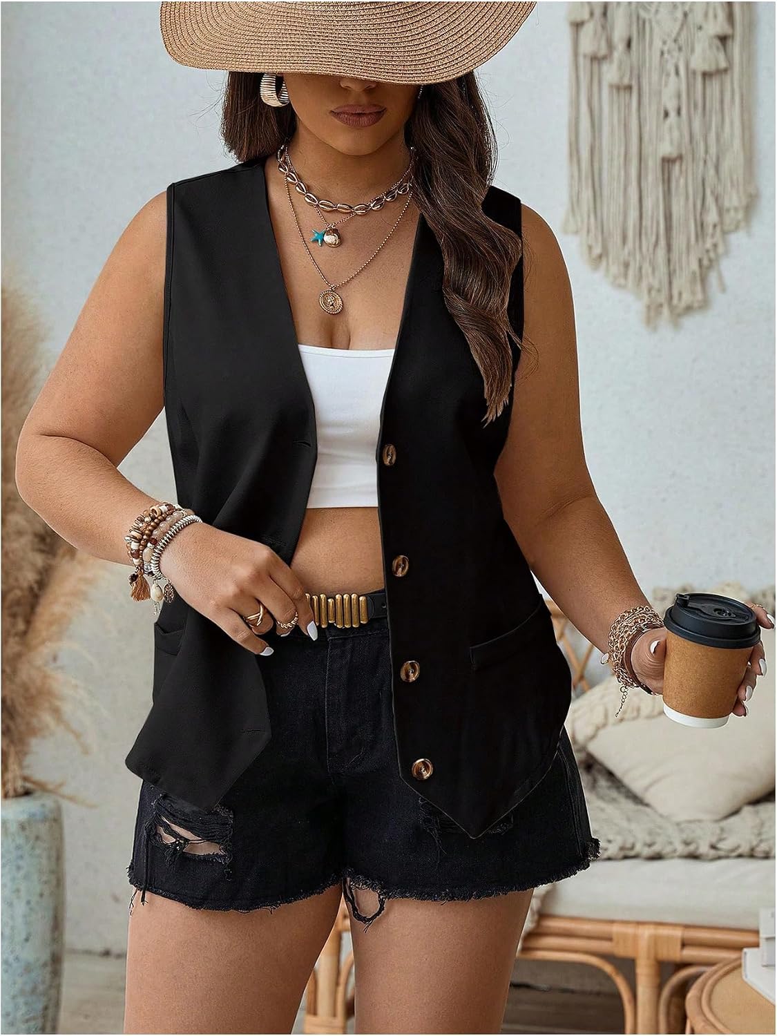 GORGLITTER Women's Plus Size Vest Western Tops Cowgirl Rodeo Outfit Sleeveless Button Up Vest Tops Bodice Waistcoat