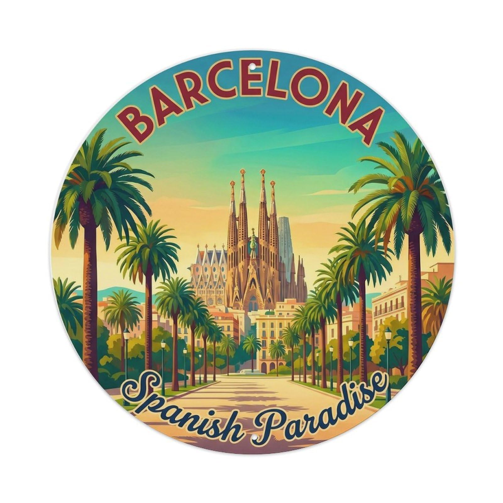 Mediterranean Barcelona Palm Trees Travel Cityscape Culture Metal Tin Sign Plaque Wall Decor for Cafe, Man Cave, Club Bar, Office, Home Garden Round Metal Poster 8x8Inch