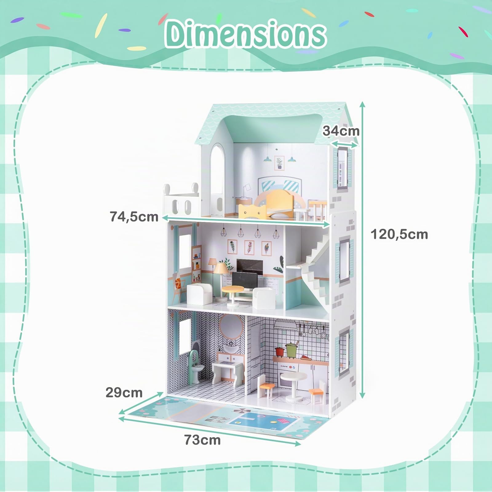 COSTWAY Maison de Poupée en Bois à 3 Étages avec 5 Pièces et 17 Meubles, Maison de Rêve avec Ascenseur, Autocollants Princesses, Jeu d’Imitation Playhouse pour Enfants de 3 Ans+ (Vert)
