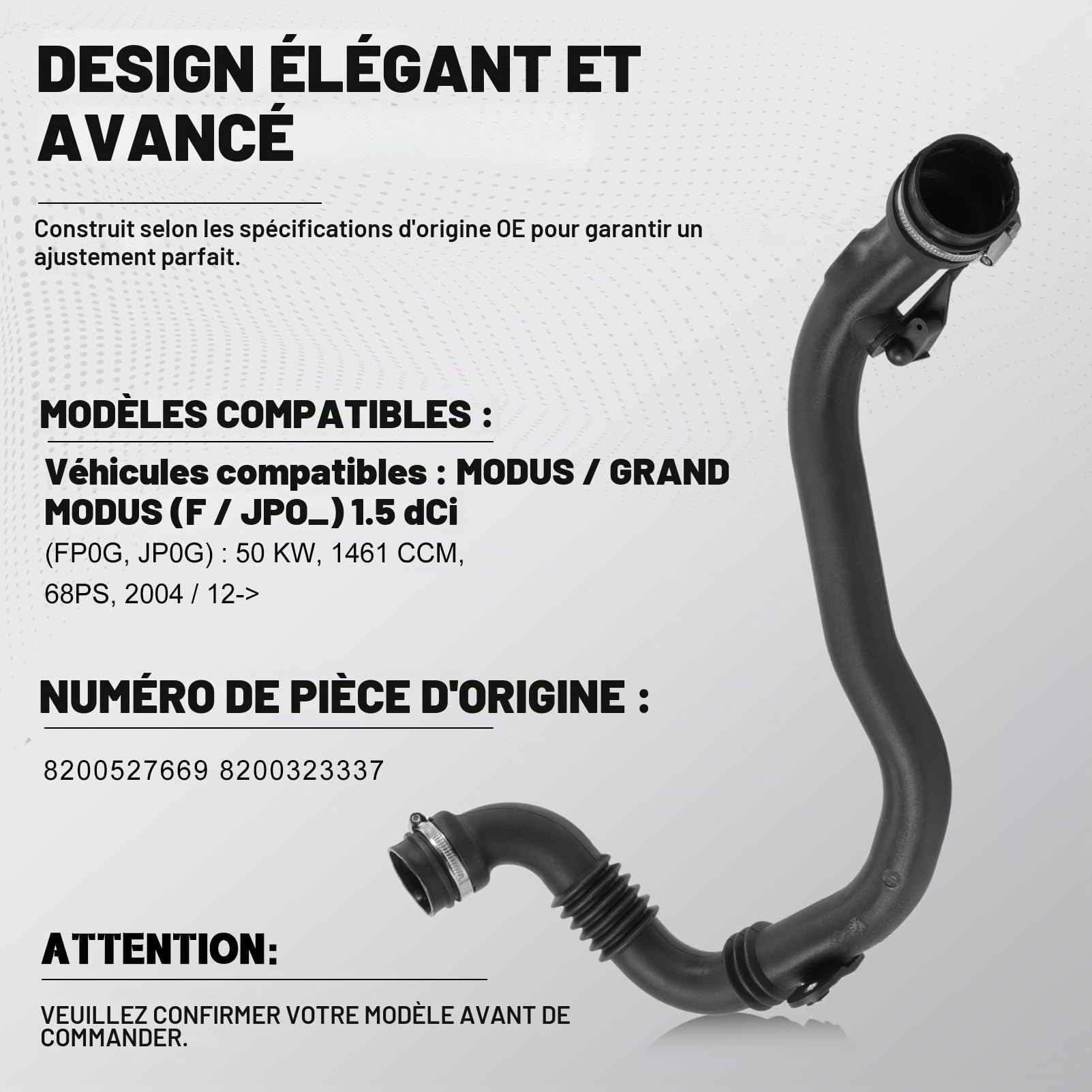 Turbo Intercooler Durite pour RENAULT MODUS CLIO 3 1.5dCi Durite d'air de Turbocompresseur pour RENAULT MODUS CLIO III 8200527669 8200323337