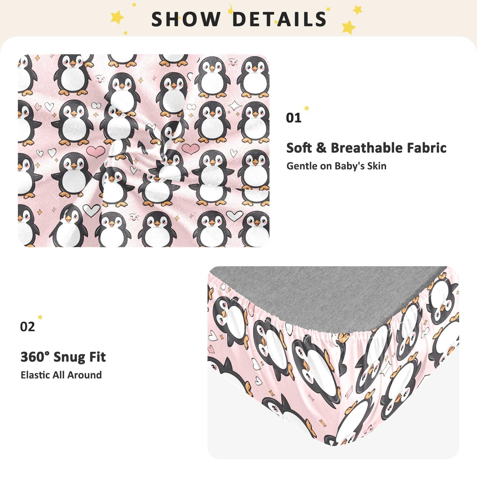 Drap-housse pour berceau de bébé motif pingouins roses et cœurs pour garçons et filles, 71,1 x 132,1 cm